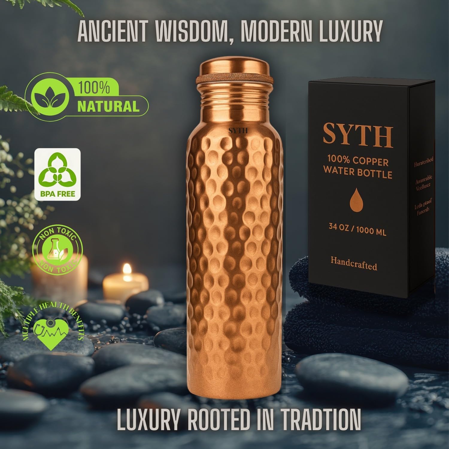 SYTH Luxury 100% Pure Copper Water Bottle - 34 OZ – |BPA Free| Ayurvedic Copper Drinking Bottle for Women and Men – | Lab-Tested, Heavy Duty & Leak-Proof | Copper Vessel (Luxury Gift Box Included) - Image 4