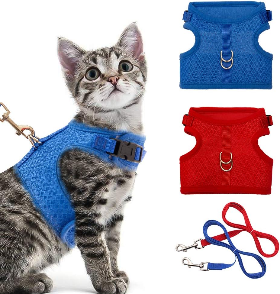 2 Pack Escape Proof Cat Harness with Leash Set - Breathable Mesh and Adjustable Walking Jacket - Blue and Red