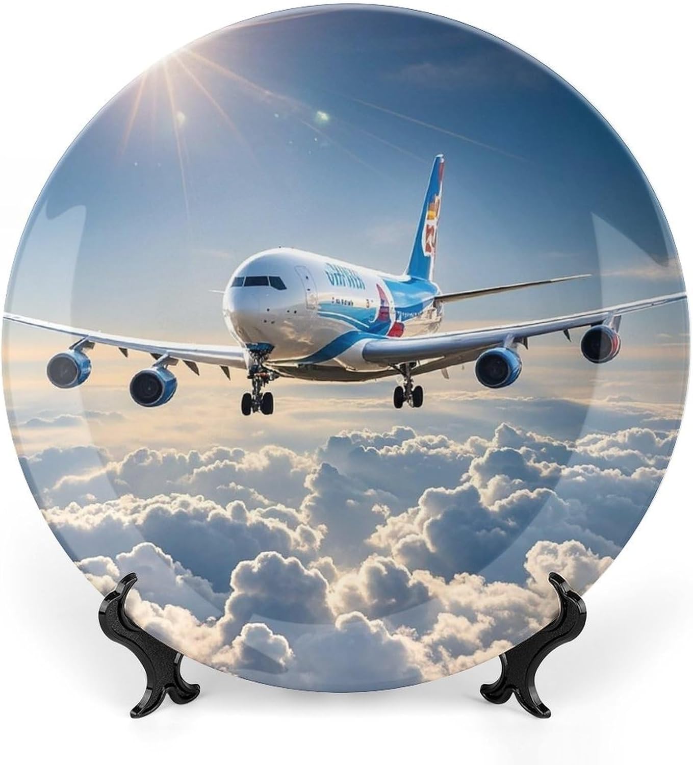 Airplane Patterns Decorative Ceramic Plate Round Porcelain Plate Decor Personalized Bone China Decorative Plates Ceramic Ornaments Dessert Plates with Display Stand 8inch