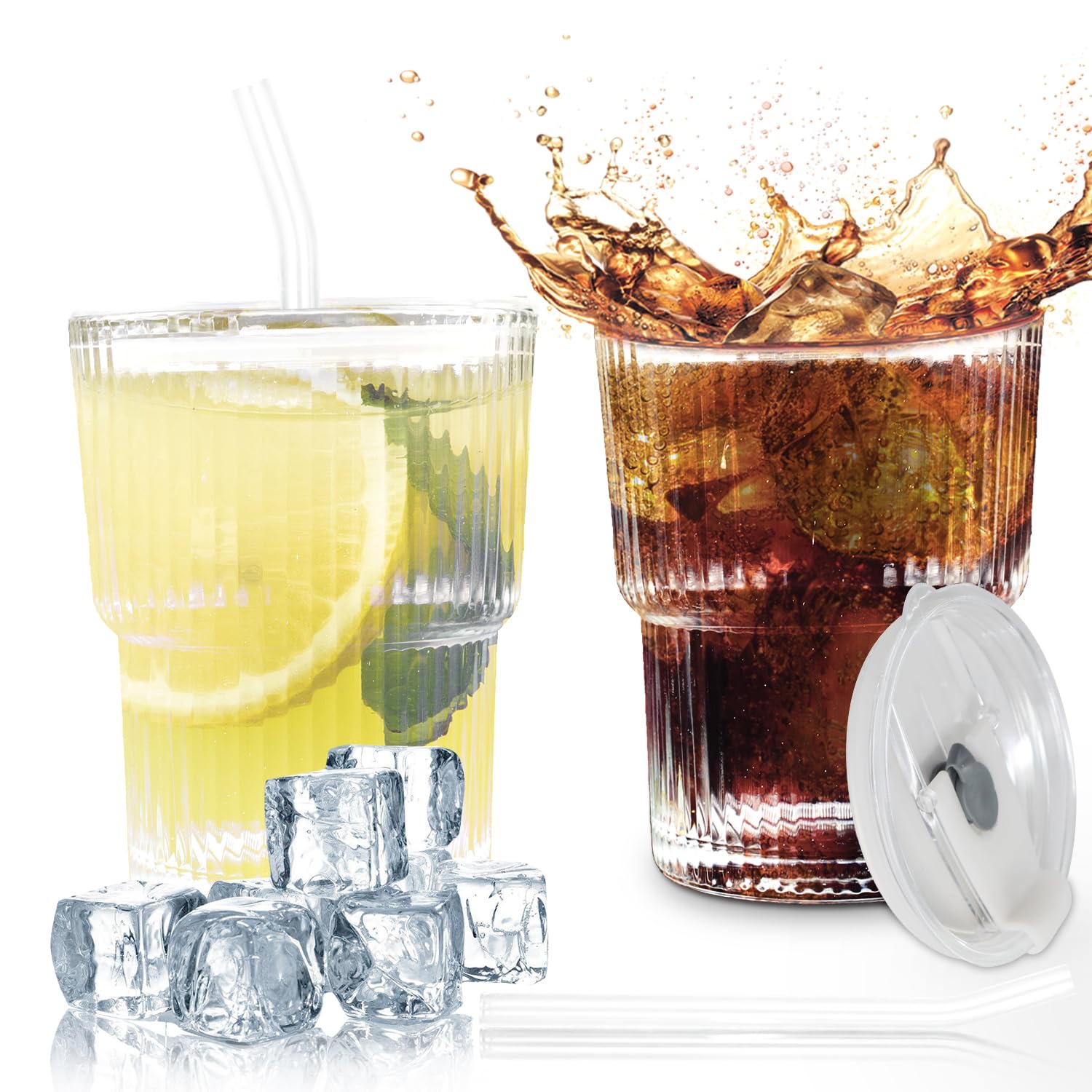 Fosoloni 2 Stück Glasbecher mit Deckel und Strohhalm 400ml, Geriffelte Glasbecher, Eiskaffee Gläser,Kaffeegläser Cappuccino Tassen, Glas Teegläser mit Trinkhalm, Luftdicht Wasserdicht Trinkgläser Tee