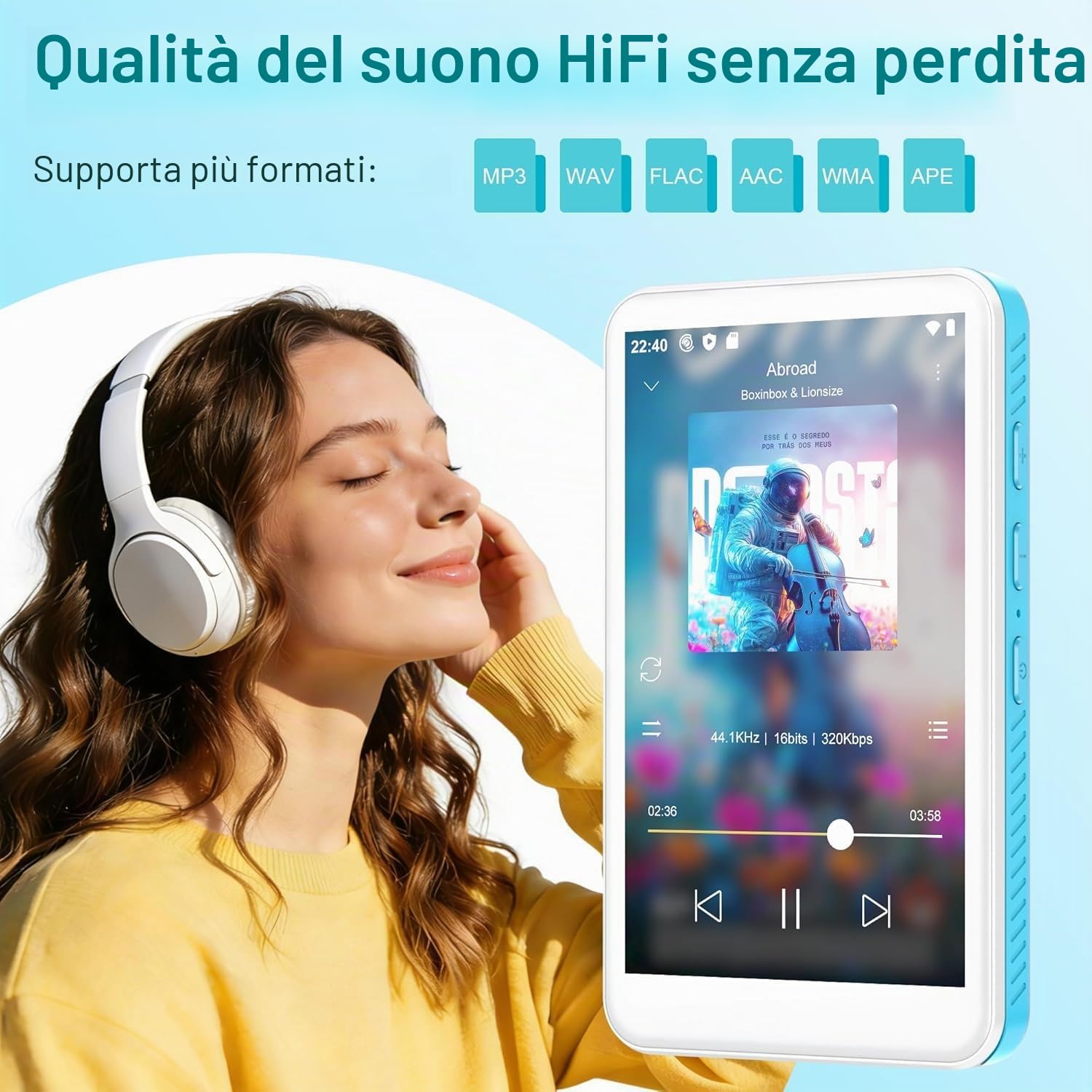 SWOFY 160GB Lettore MP3 con Bluetooth e WiFi, D08 Lettore Android 13, Touchscreen da 4 Pollici, Bluetooth, WiFi, Supporta Spotify, Audible, Play Store e Radio FM, Espansione fino a 1TB