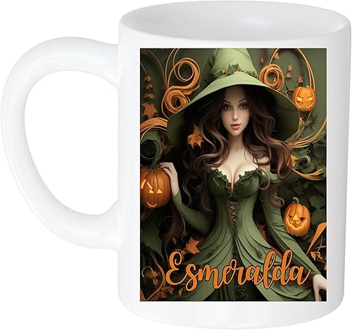 Personalized Witch Name Esmeralda Hat Witch Halloween Ceramic Mug, Custom Family Names Mug, Halloween Mugs To Mom Grandma Mimi Nana Aunt 11 Oz White