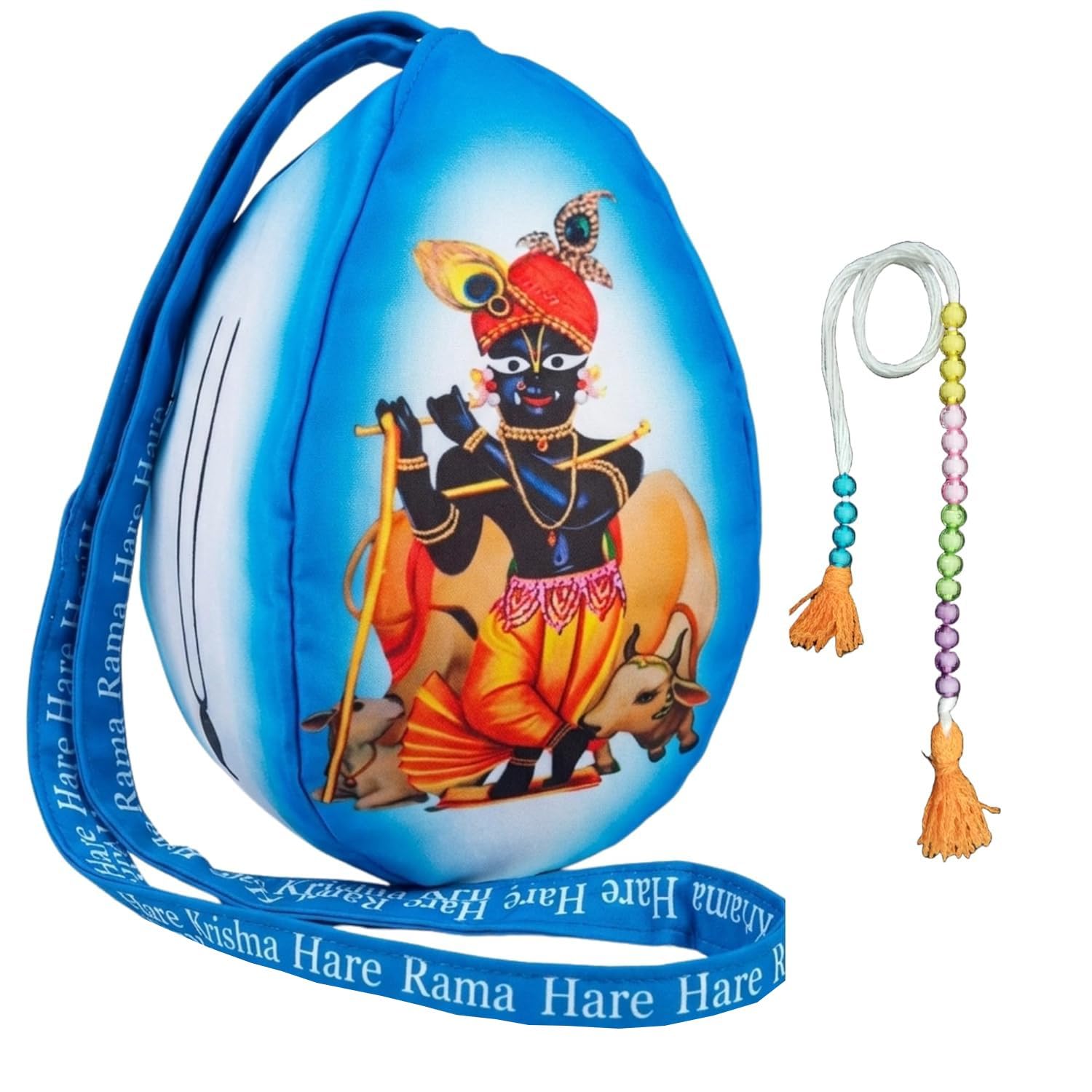 Digital Printed Radha Raman Ji Bead Bag with Sakshi Mala & Keychain - Jap Mala Bag with Long Strap, Zipper Pocket and Tie Loop - Gomukhi Bag (Combo Pack)-image-13