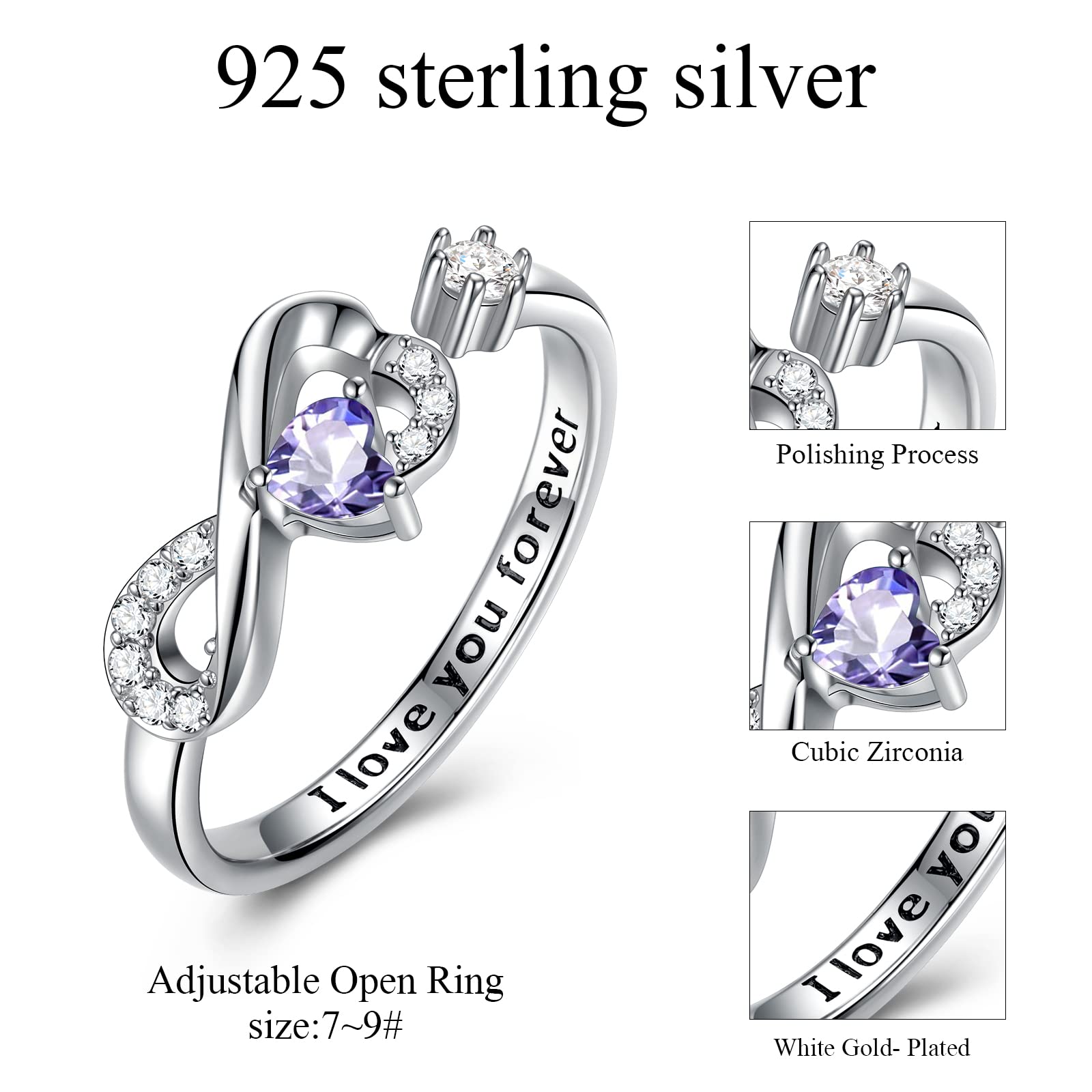 CRYSLOVE Anello Birthstone Cuore Regolabile Donna Argento 925 Ragazze Anello Cuore Regolabile Infinito Anelli Fortunata Banda Gioielli Regalo San Valentino Natale Festa della Madre Compleanno