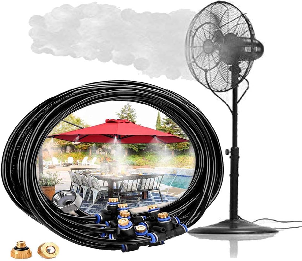 Qilampe Drip Irrigation Kit Misting System,50ft 1/4'' Tubing Watering Kit Automatic Blank Distribution Misting System Tubing Hose with 10pcs Plastic Mist Nozzle Sprinkler for Garden Outdoor Patio