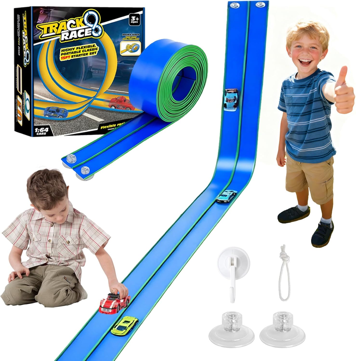 Flexible Race Track for Kids with Suction Cups, 15 Ft Flex Race Car Ramp Track Compatible with Diecast 1/64th Cars Long Rolls Up Portable Racetrack Birthday for Boys Girls Ages 3+