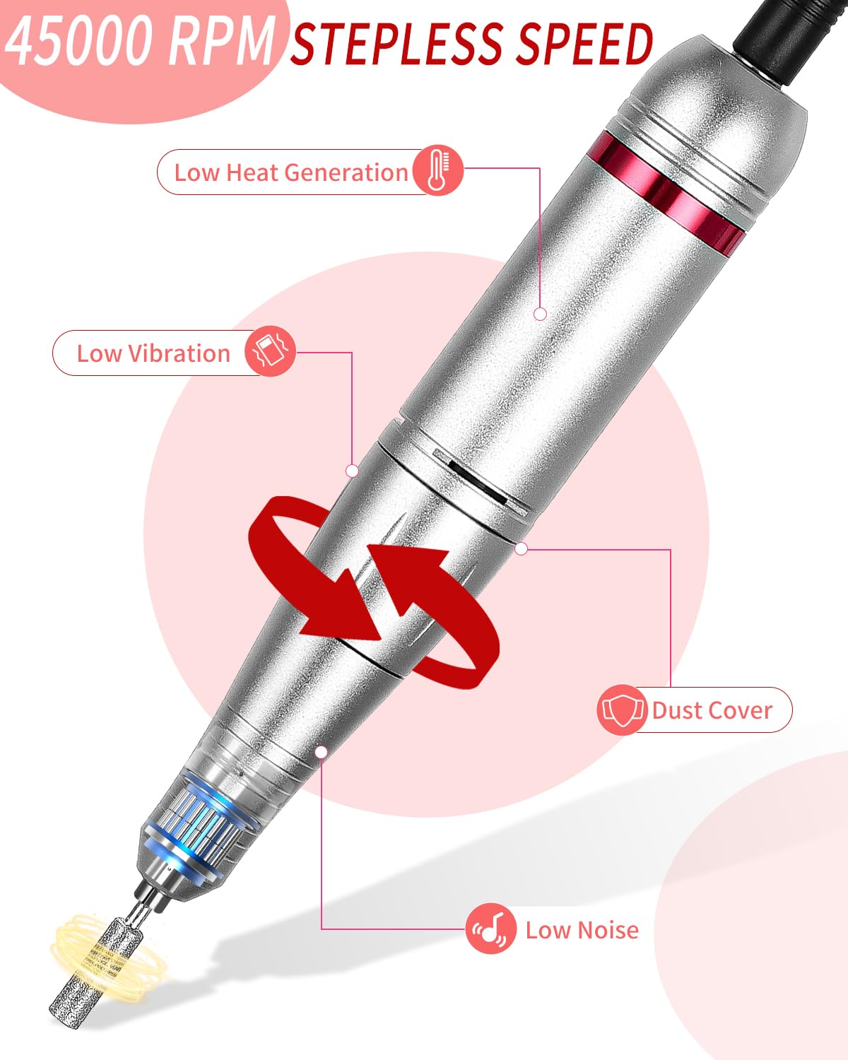 Torno para Uñas Profesional 45000 rpm, Drill para Uñas Profesional, Nail Drill, Lima Electrica Uñas, Torno Pedicura para Manicura, Pulido y Eliminación de gel de Uñas Acrílicas