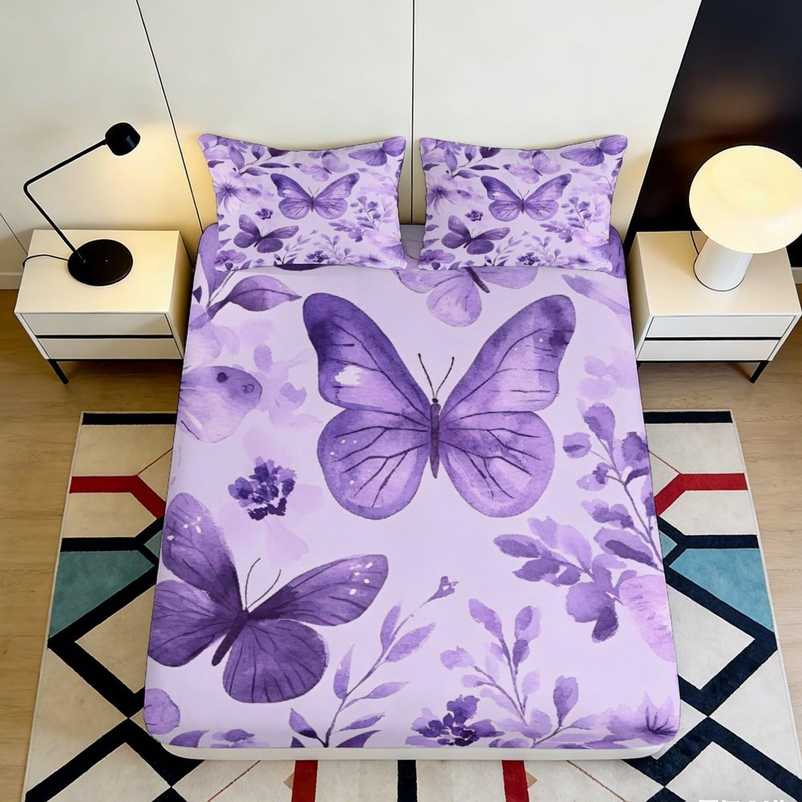 3D Printed Purple Butterfly Fitted Sheet Microfiber Soft Anti-Slip Floral Mattress Cover for Bedroom Guest Room Easy Care 180x200x25cm