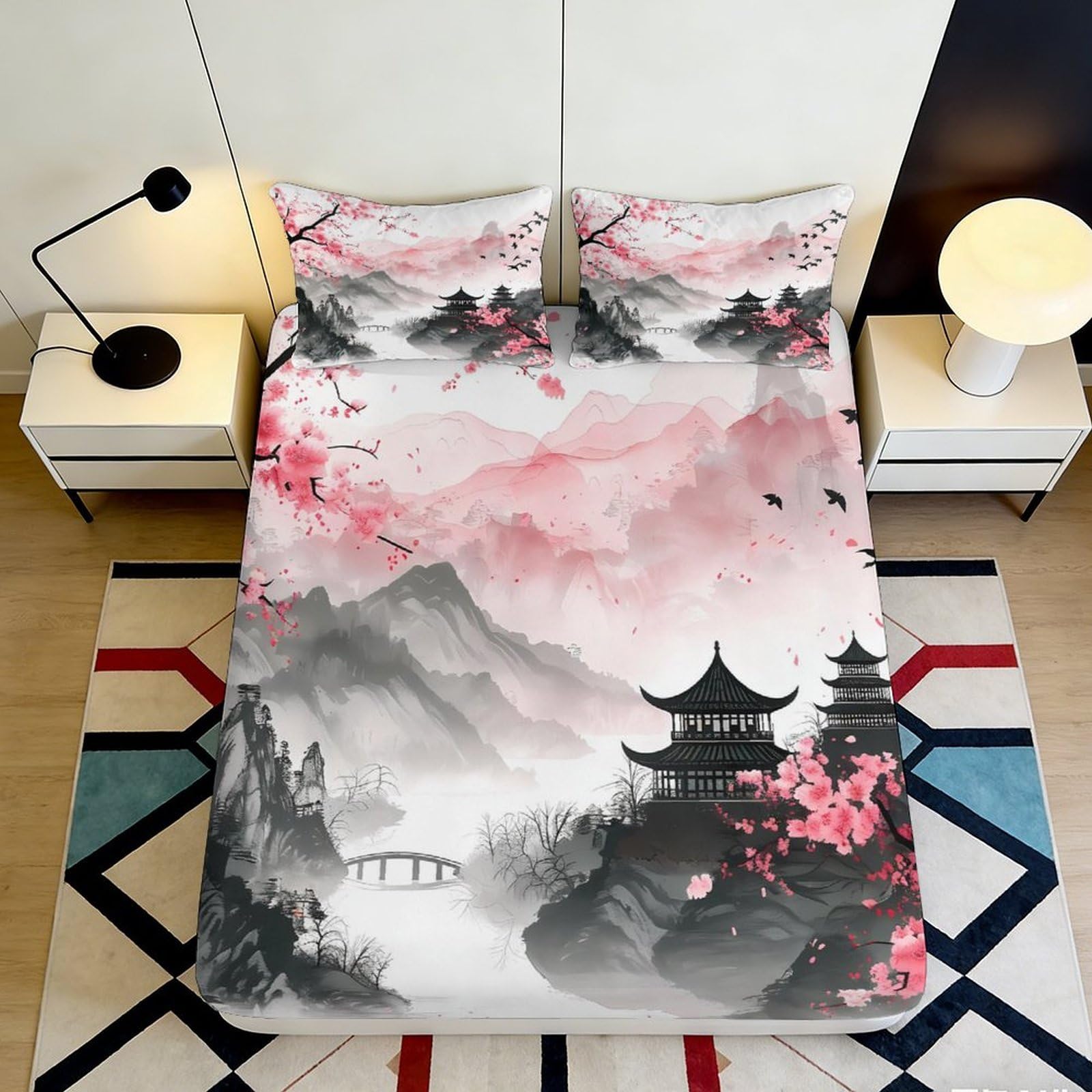 Pnayamiorkfel Style-5 3D Printed Oriental Landscape Fitted Sheet Microfiber Pink Sakura Pagoda Mattress Cover For Bedroom Guest Room Decor 90X200x25cm