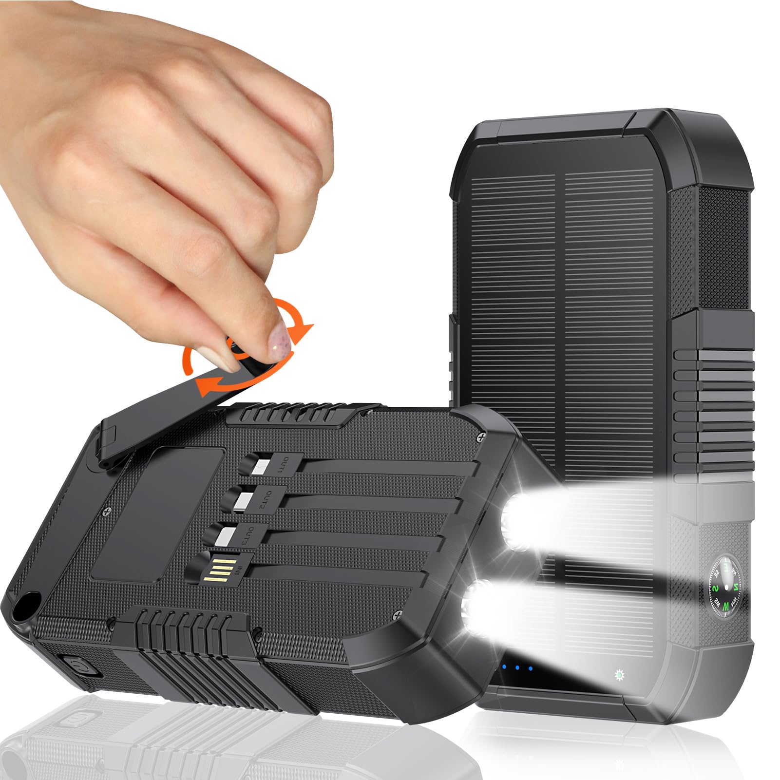 FALUOSHI Solar Power Bank, 66800mAh, Hand Crank, 22.5W USB-C Fast Charging, 6 Outputs & 4 Inputs, SOS/Strobe/Compass, for Camping/Hiking/Trips (Black)