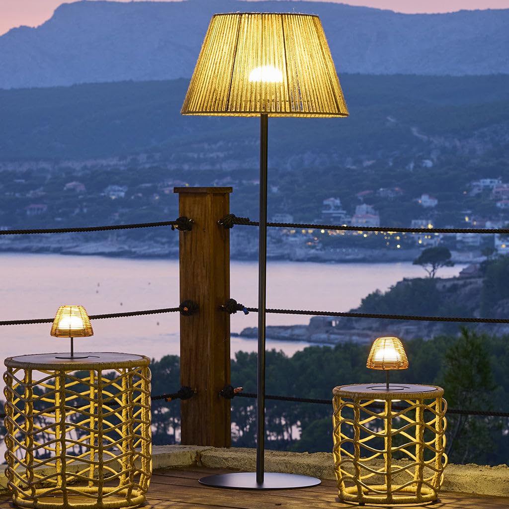 Lumisky Lámpara de pie inalámbrica pie metal LED blanco y multicolor regulable TALL RAFFY en cuerda natural H170cm con mando a distancia
