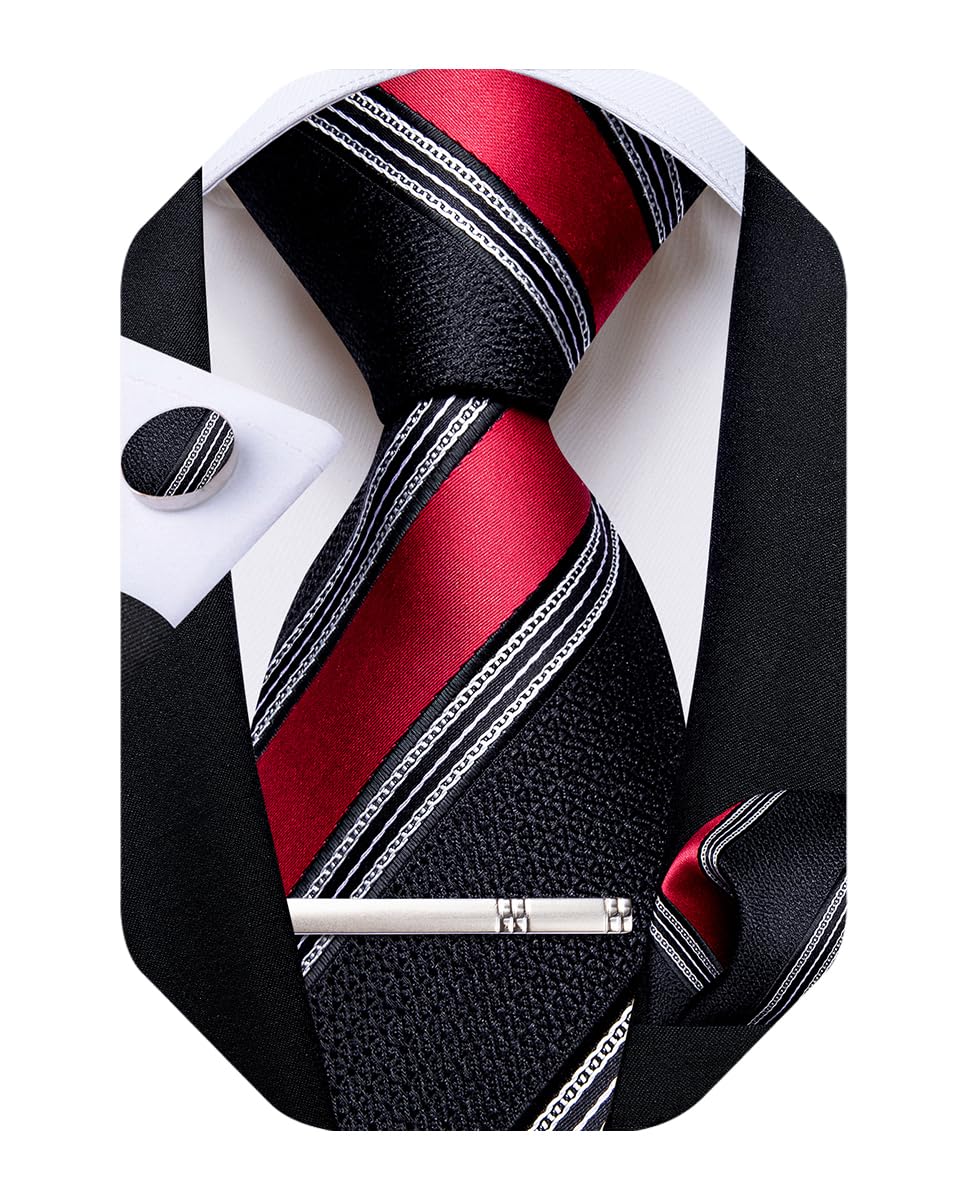 DiBanGu Mens Striped Tie Silk Woven Necktie and Pocket Square Cufflinks Tie Clip Set Wedding Business Formal Gift Tie for Men