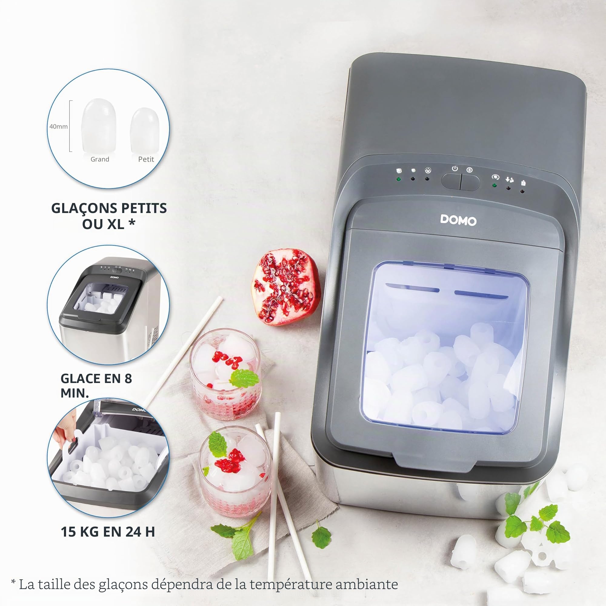 DOMO DO9247IB Machine à Glaçons Automatique 15 kg/24h – Réservoir 2,8 L – Machine à glaçons autonettoyante – Petite machine à glaçons pour Cuisine et Home-Bar