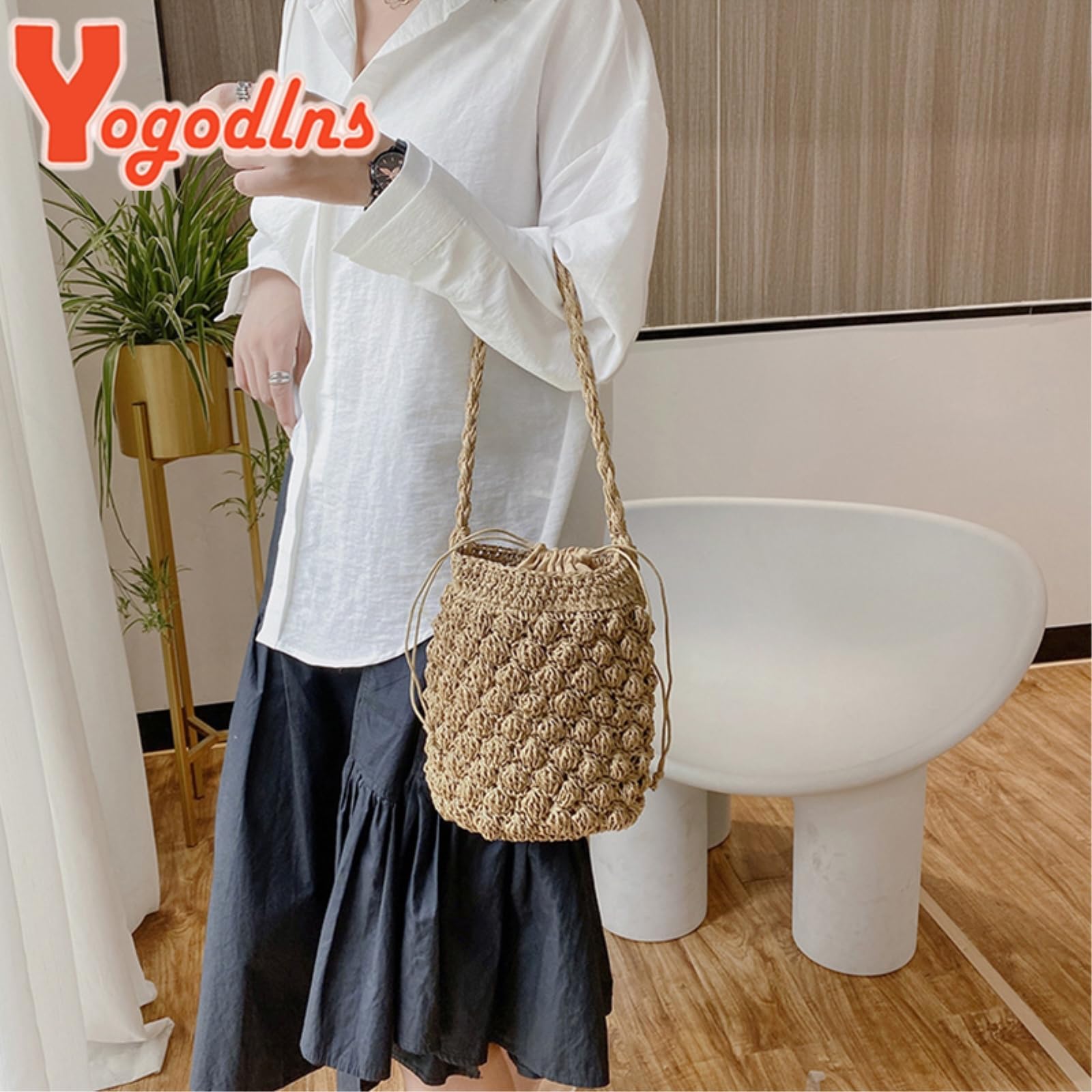 Borsa di Paglia Donna A Spalla Estiva, Secchio in Rattan Grande capacità delle Donne, da Spiaggia Tessuta Fatta Mano-beige-18x15x22cm