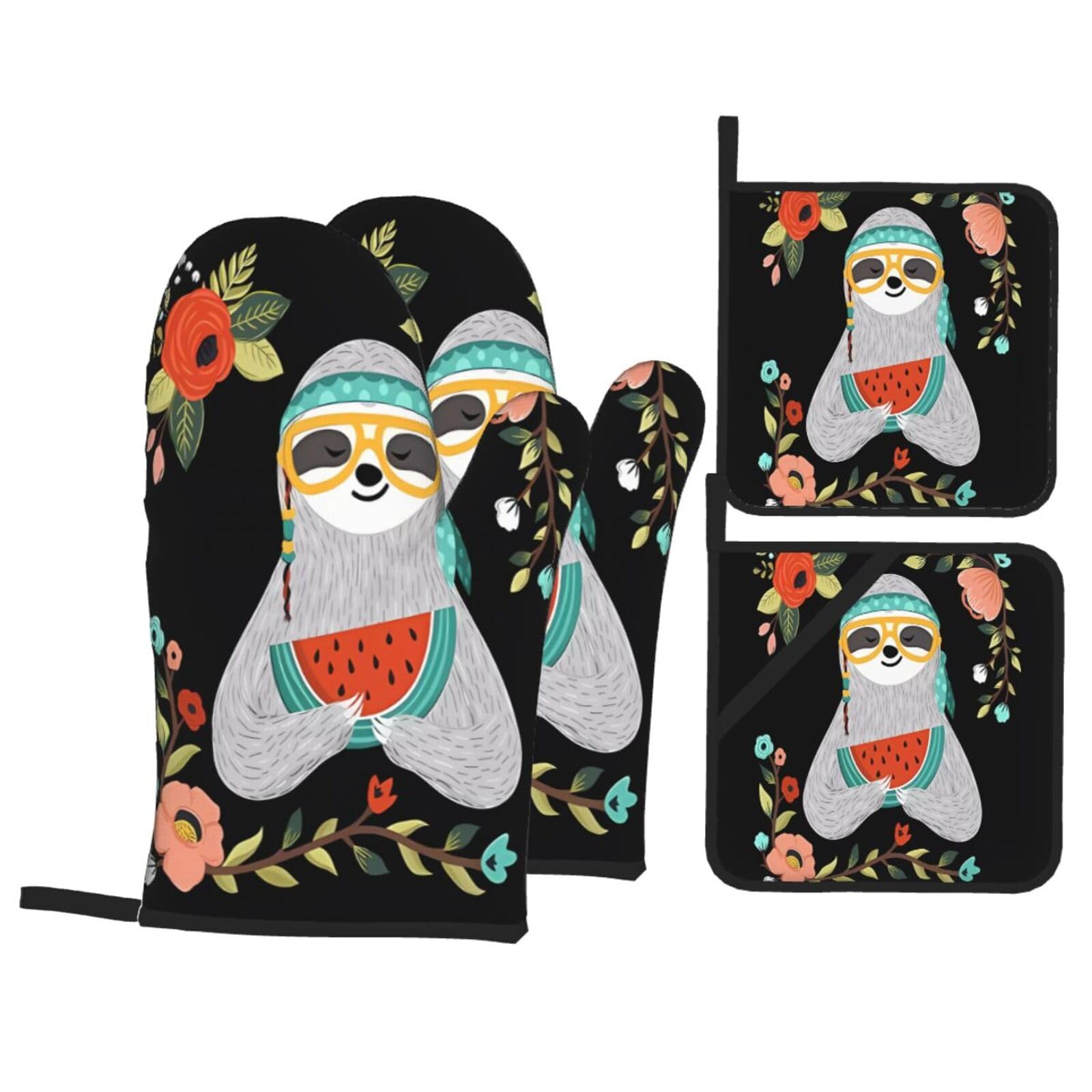 HJFCZH Cute Sloth Prints Kitchen Throw Set: Durable Oven Layers with Waterproof Polyester – 4 Piece Heat Protection System