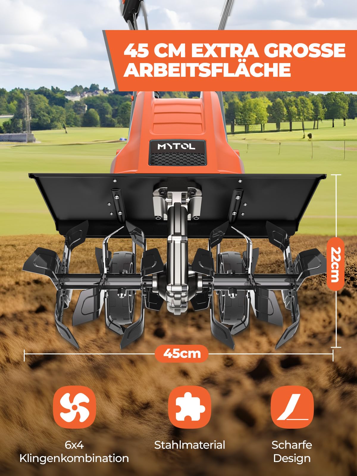 MYTOL 1500W Motorhacke Elektrisch, 45cm Arbeitsbreite, 22cm Arbeitstiefe, Leichtgewichts-gartenfräse mit 6×4 Robuste Stahlzinken, Klappbarer Griff, Doppelter Sicherheitsknopf, Überhitzungsschutz