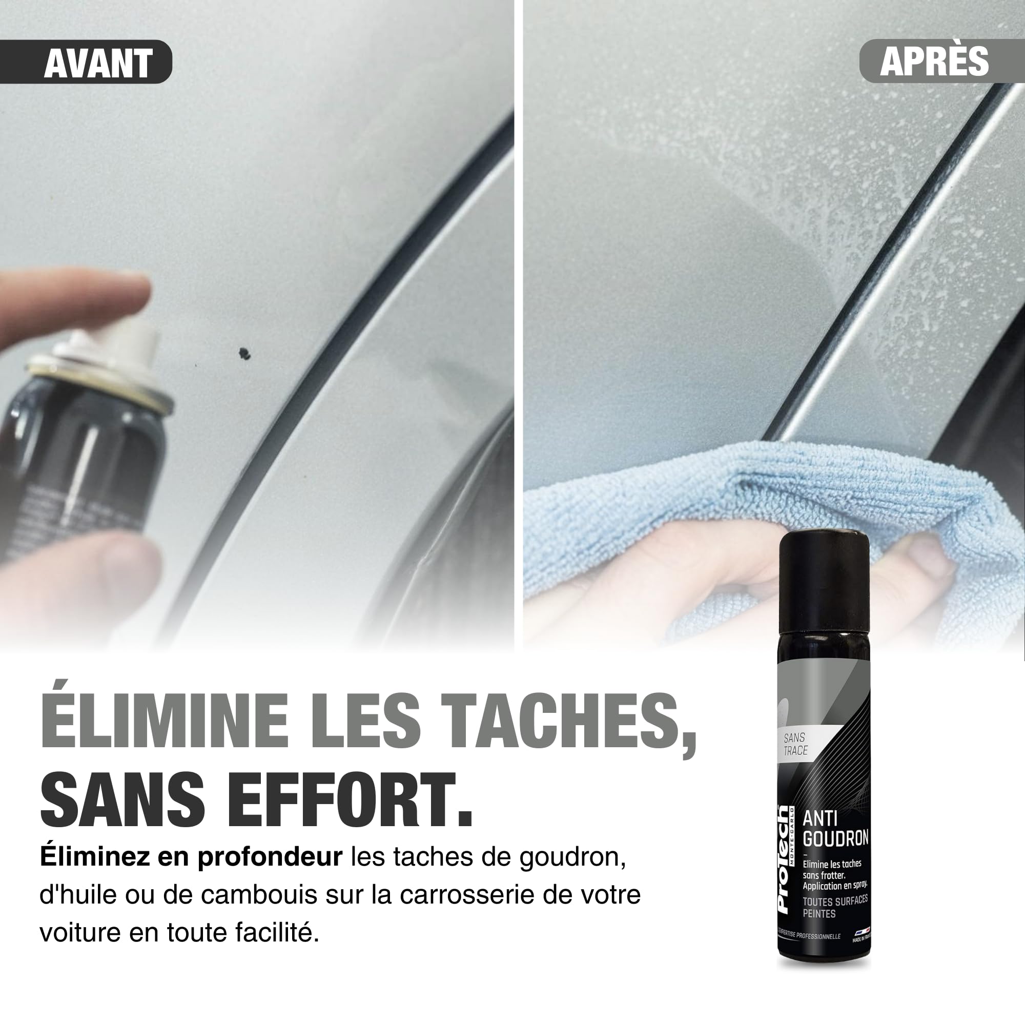 ProTechMC | Anti Goudron pour Voiture | Élimine Les Tâches de Goudron, Huile, Cambouis, Graisses | sans Effort | Nettoyant Goudron Carrosserie | Toutes Surfaces Peintes | Made in France | 80ml