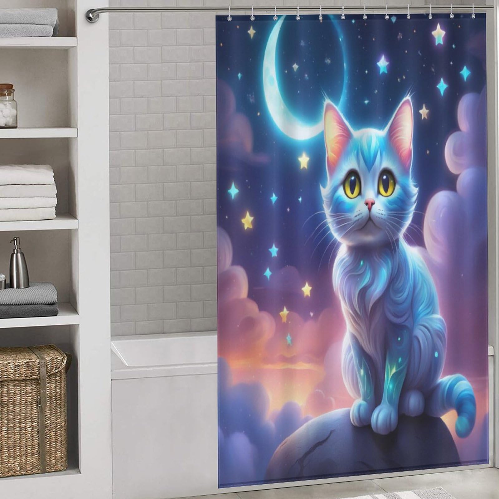 Rideau de douche chat en tissu lavable pour une salle de bain familiale propre et ludique