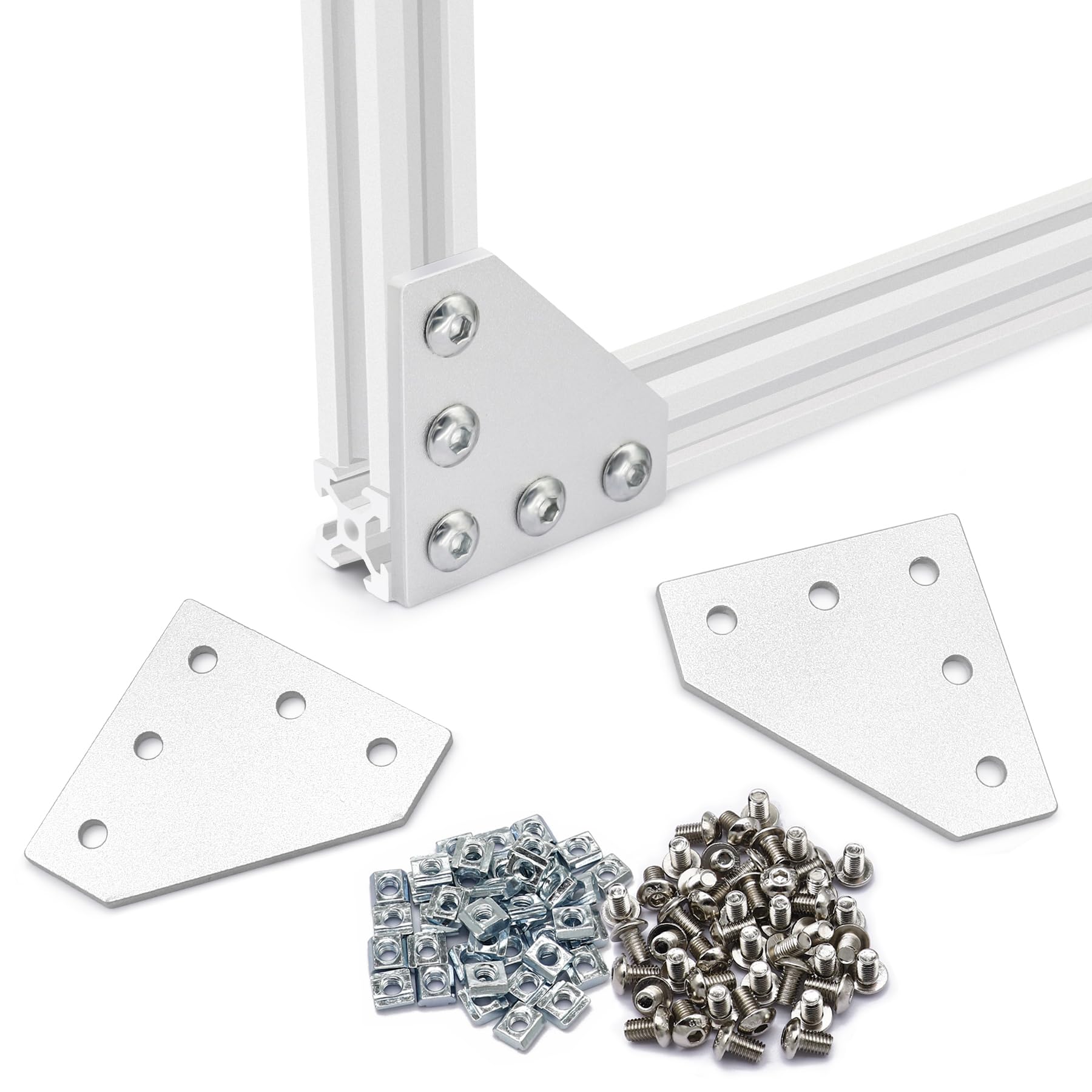 Pack of 10 Silver L-Shaped Corner Bracket Connection Plate with 50 Pieces M5 T Nuts + 50 Pieces M5 Screws + 1 Piece Wrench for Standard Aluminium Extrusion Profile with 6 mm Slot 2020 - Image 2