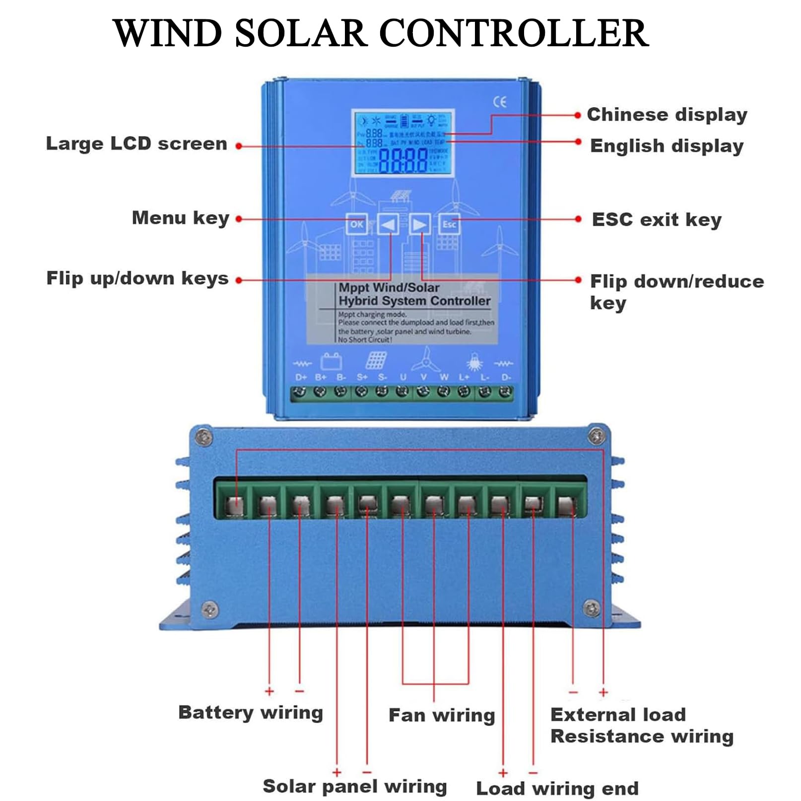 Regolatore di carica MPPT per turbina eolica ibrida solare per sistemi eolici e pannelli solari, schermo LCD, impostazioni di carica intelligenti, compatibile con lampade stradali