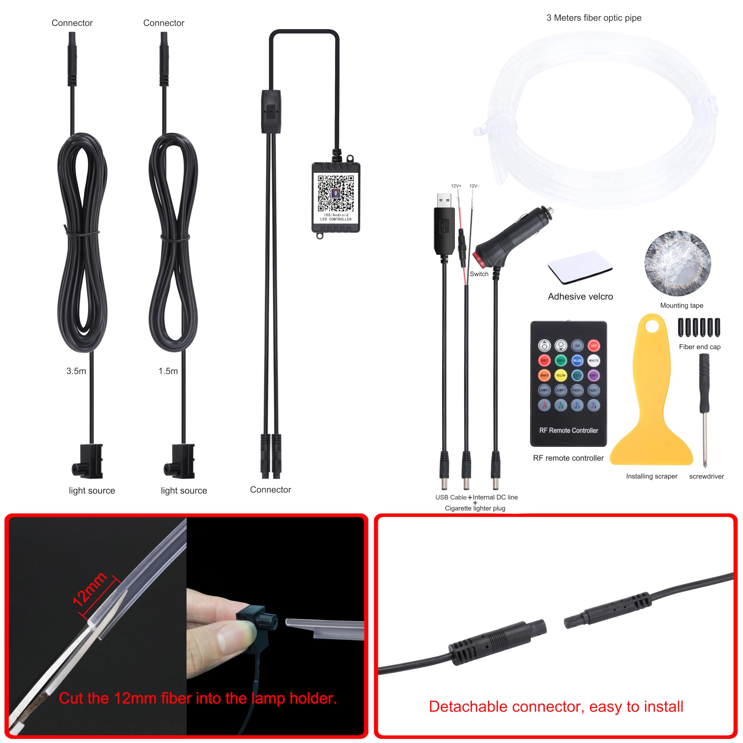 QAUBEN 3 m Optic Fiber Cable Car Ambient Lighting with Bluetooth App Control + RF Remote Control 64 Colors Multicoloured Music Interior Lighting Kit 12V 1W