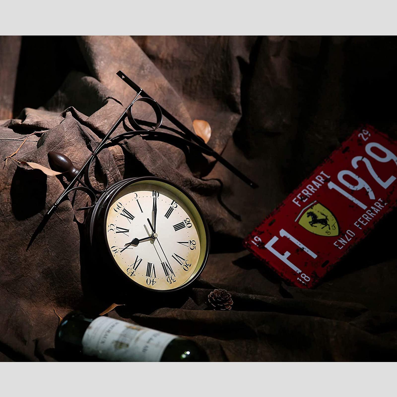 CKKNILV Outdoor Double Sided Wall Clock Garden Clock with Bracket European Retro Style Wrought Iron Black Double Sided Roman Numerals Wall Clock