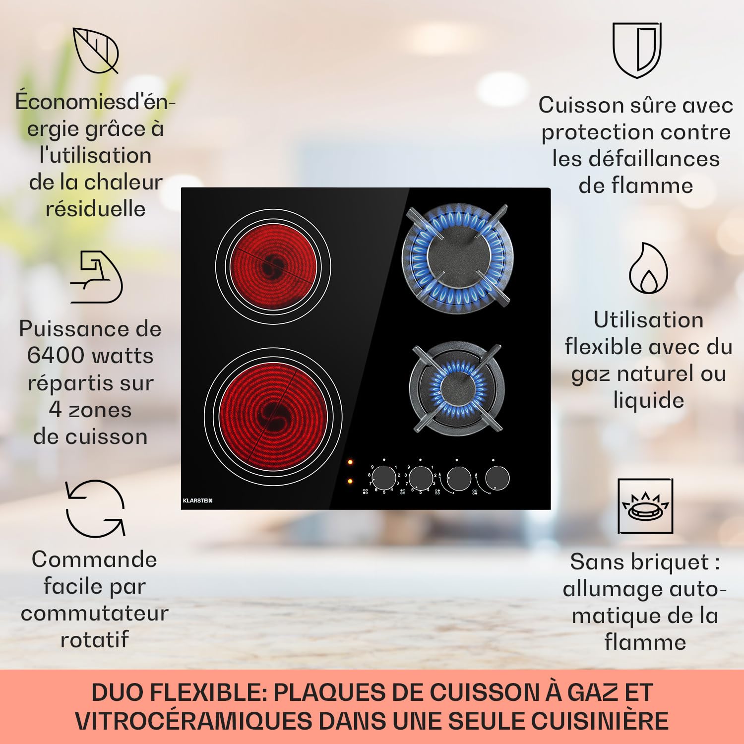 Klarstein Plaque de Cuisson Gaz et Vitrocéramique 4 Feux, Table de Cuisson à Gaz, Plaque et Vitro de 6.4kW en Acier Inoxydable, de Vitroceramique Encastrable, Mixte
