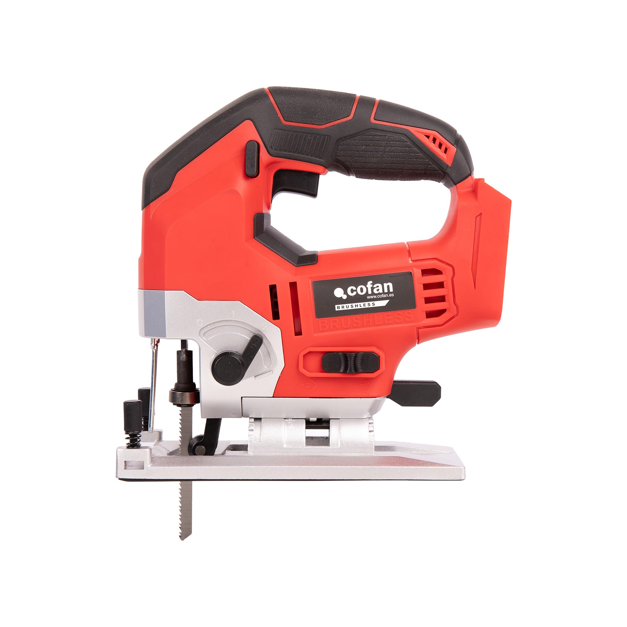 Cofan Sierra de calar a batería | Potencia: 20 V | Motor sin escobillas | Velocidad variable 0–3000 rpm | Acción pendular | Corte inclinado ±45° | Batería y cargador no incluidos
