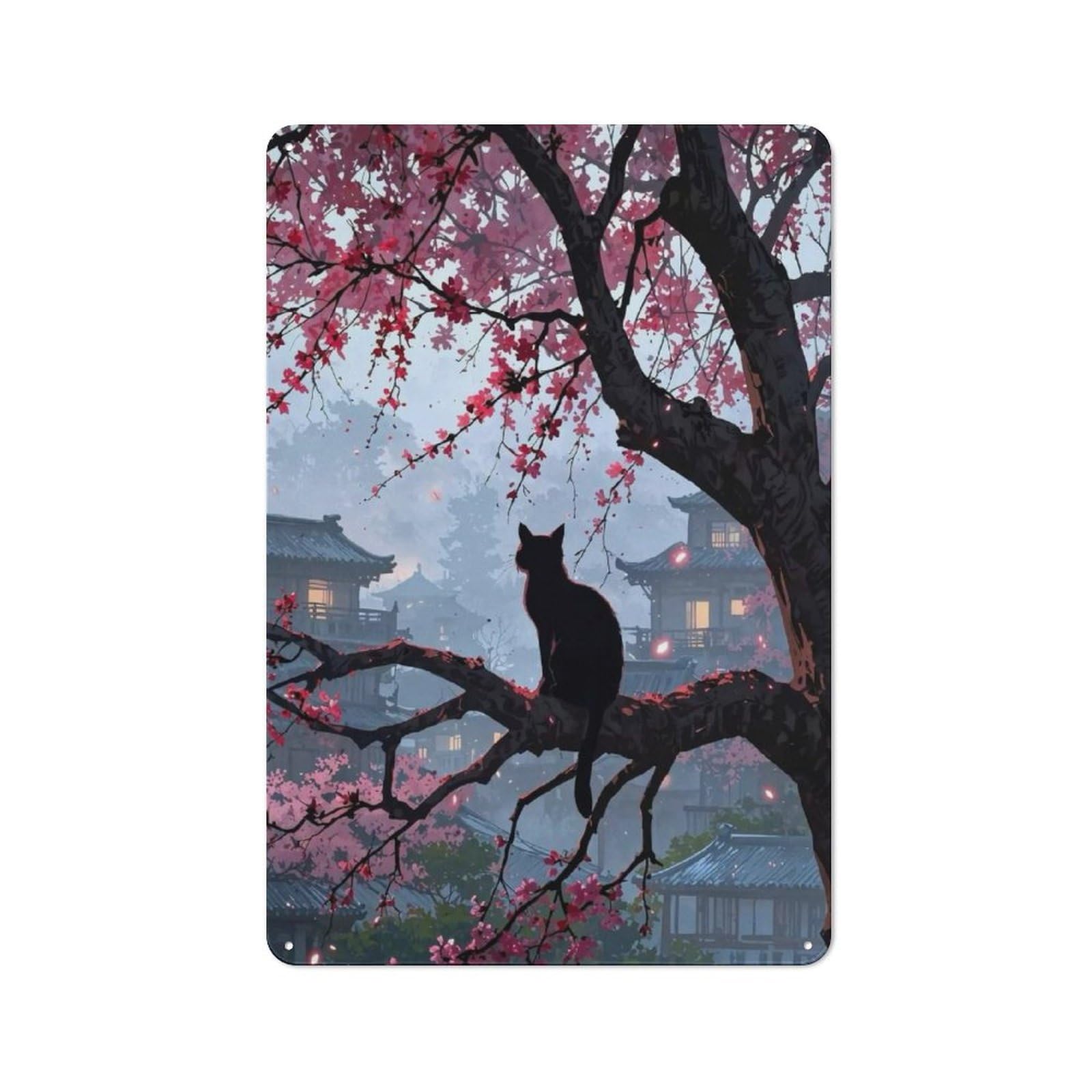 Junmoney Style-9 Loft Style Metal Wall Art Sign 30X20cm Featuring Black Cat In Japanese Cherry Blossoms, Urban Room Decor For Loft, Studio, Office Or Creative Room