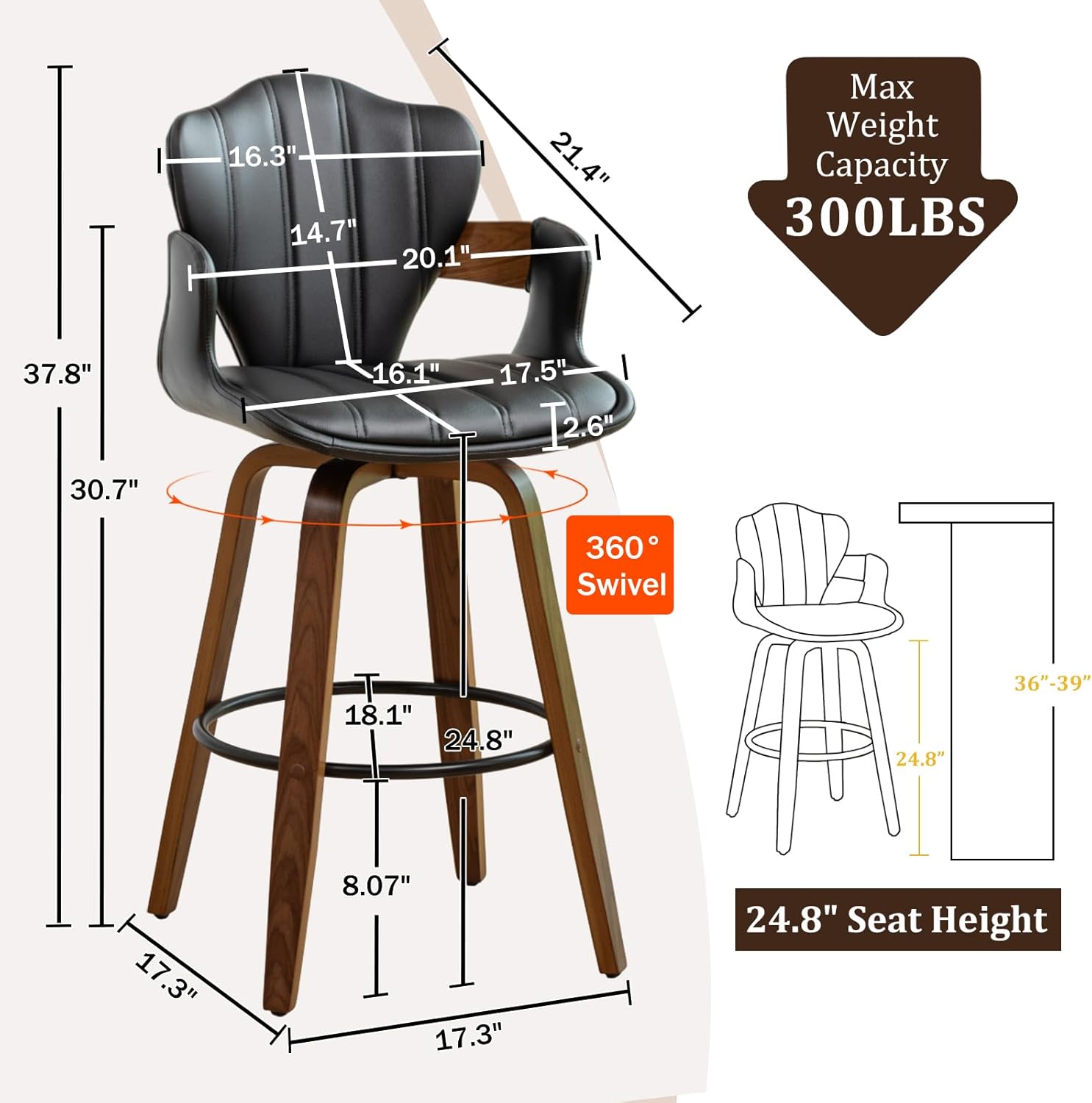 26" Swivel Bar Stools,Mid Century Modern Counter Height Bar Stools,Black Upholstered Faux Leather Counter Stools with Arms and Fishtail-Shaped Back,Walnut Wood Frame Home Bar Chairs,1PCS