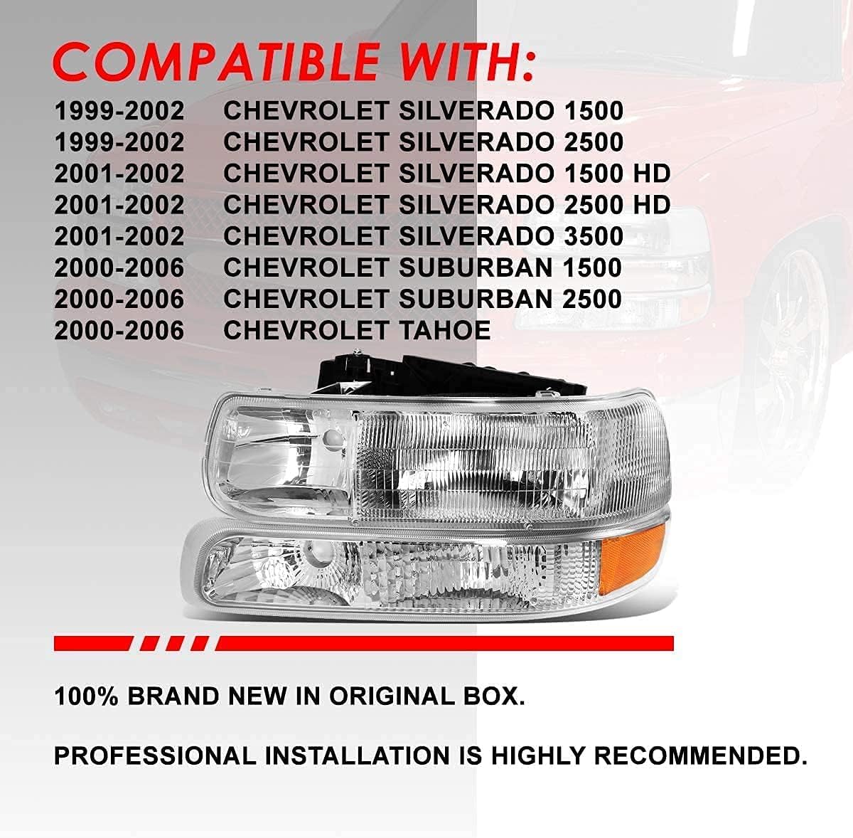 N&P Headlight Assembly Crystal Headlights Replacement Set Compatible with 99-06 Silverado 00-06 Suburban Tahoe, Chrome Housing, Clear Lens