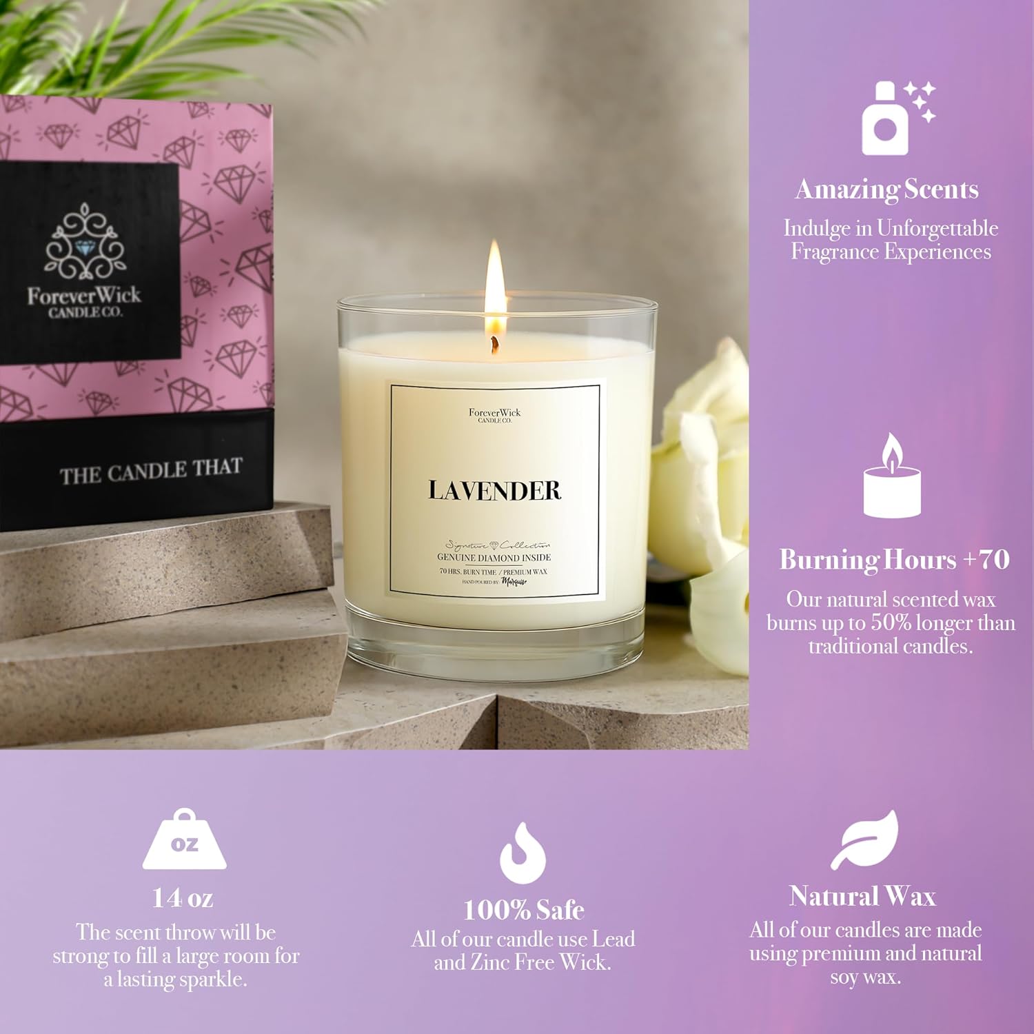 Lavender & Magnolia Surprise Candle with Diamond Inside | Foreverwick Candles | Scented Soy Candles Gifts for Women Aromatherapy Candle Wax | Romance Candles All-Natural Organic Soy Candle 14oz | 70h