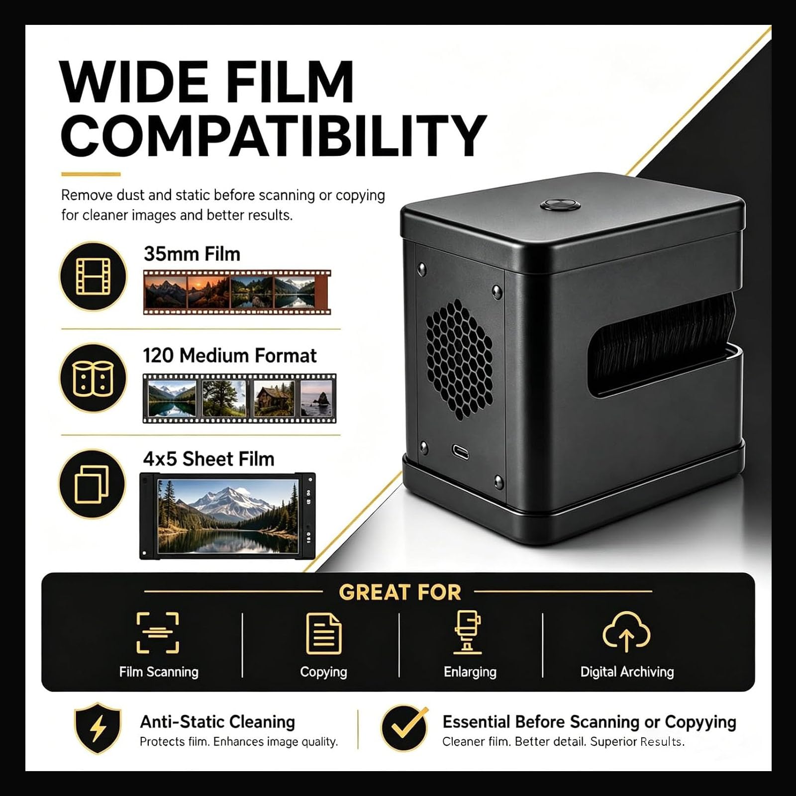 Removedor de polvo de película eléctrica, cepillo de limpieza antiestático, doble cara, bajo ruido, perfecto para negativos de 4 x 5, película deslizante y imágenes en movimiento