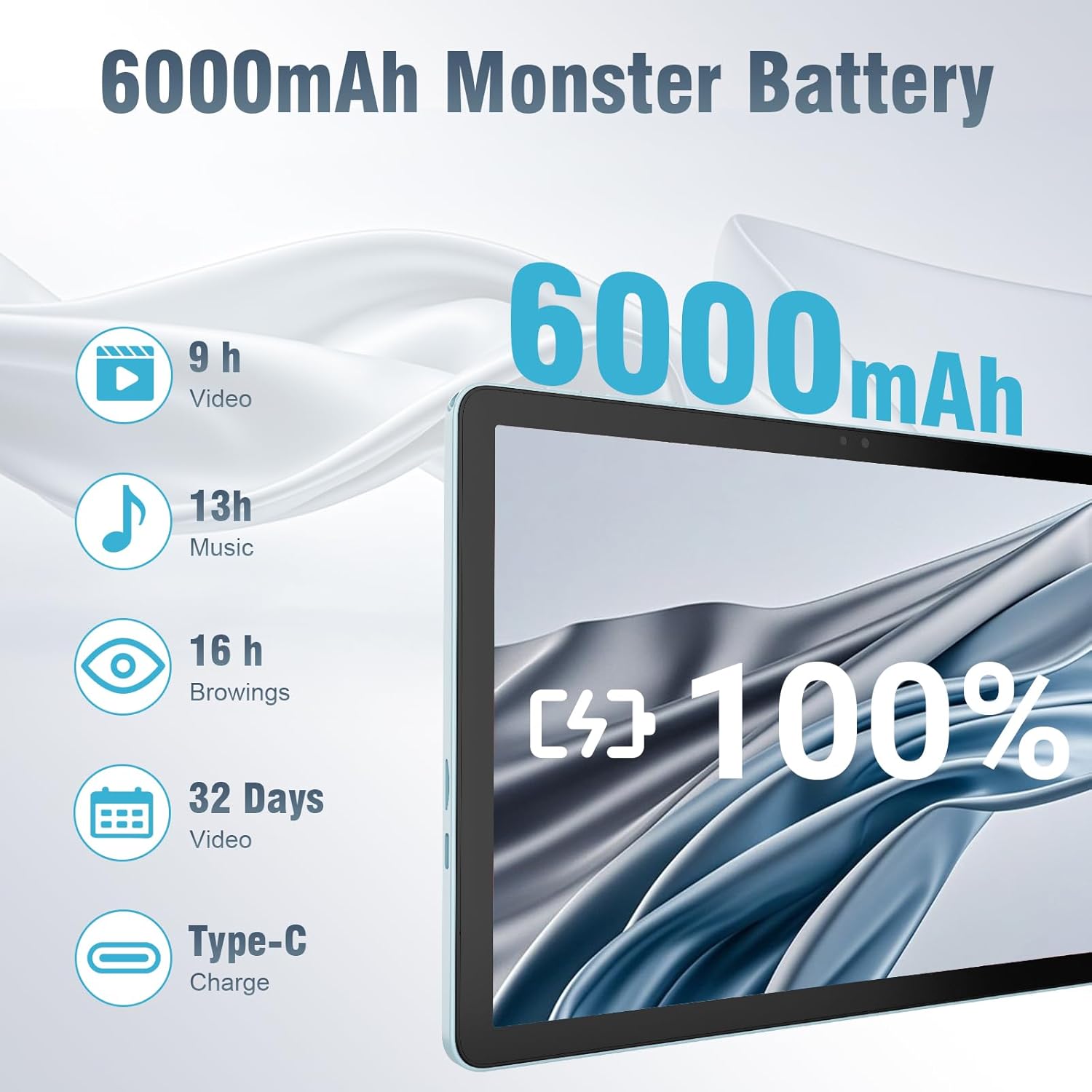 టైప్-సి ఛార్జింగ్ పోర్ట్తో వీడియో ప్లేబ్యాక్ (9గం), సంగీతం (13గం), బ్రౌజింగ్ (16గం) మరియు స్టాండ్బై (32 రోజులు) కోసం అంచనా వేసిన వినియోగ సమయాలను చూపిస్తూ, 6000mAh బ్యాటరీని హైలైట్ చేసే చిత్రం.
