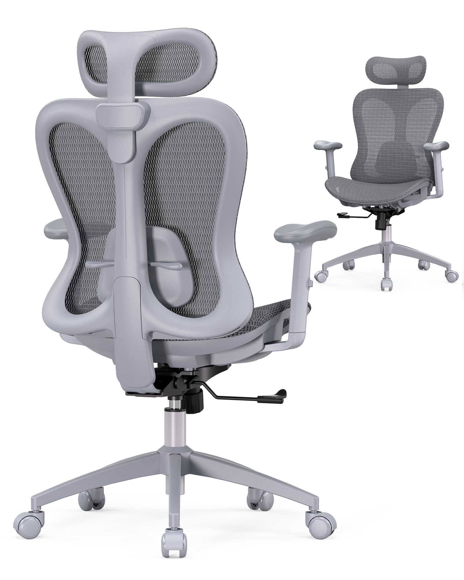 Ergonomic Office Desk Chair, Comfortable Computer Gaming Chair, Breathable Mesh Back & Seat, Adjustable Armrest & Headrest, Lumbar Support, Butterfly Design for Home Office (Gray)