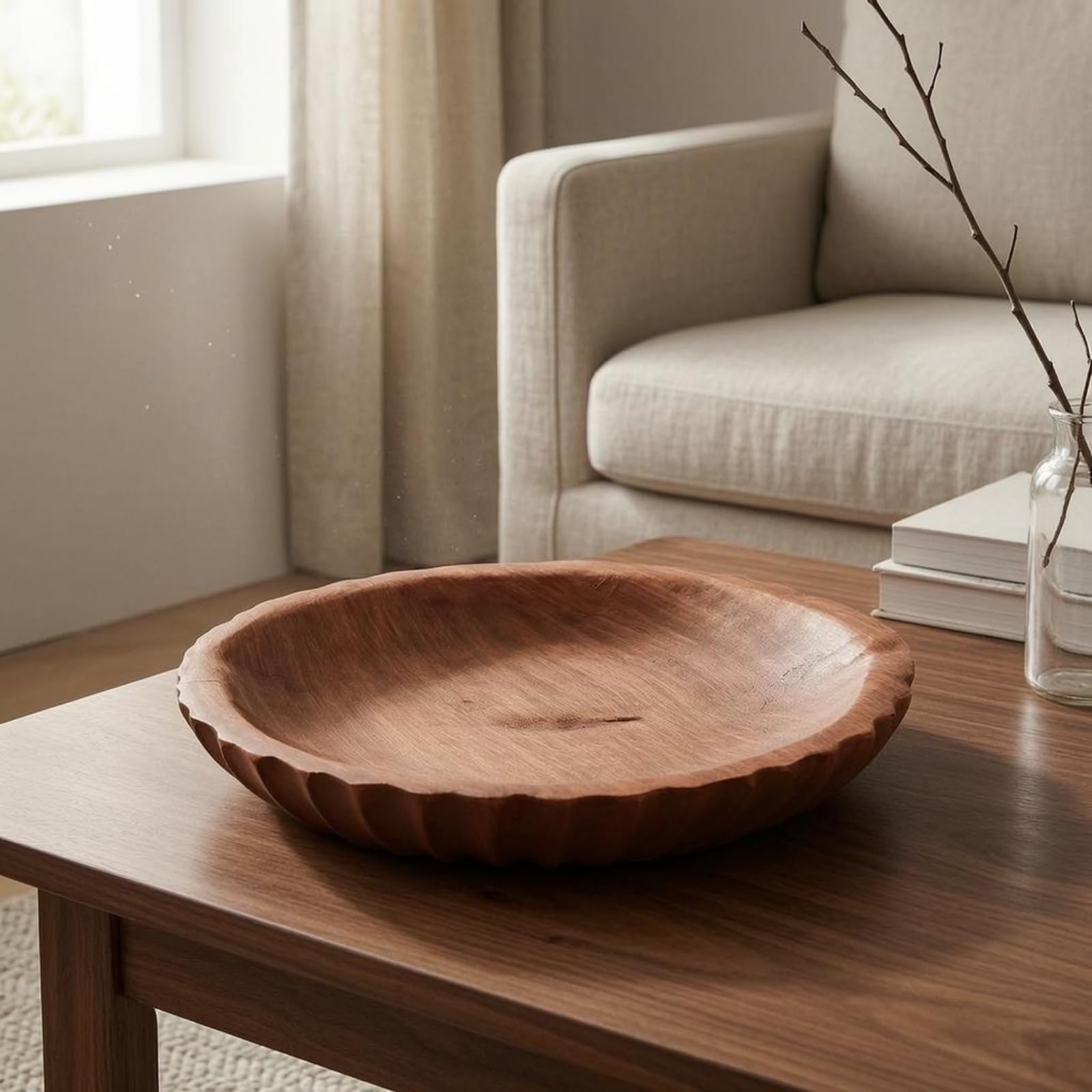 Colcolo Obstschale Holz Servierschale Tablett Organizer Dekoschale Schale mit Flachem Rand Und Rillen Außen aus Kunstharz für Servieren Und Sortieren für Zuhause Esstisch Küchentheke, Niedrig