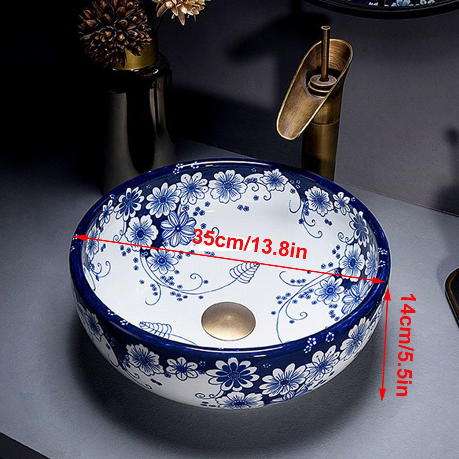 35 Cm Okrągła Umywalka Ceramiczna Nablatowa Z Białym I Niebieskim Wzorem - Nowoczesna Umywalka Nablatowa Do Łazienki, Mała Porcelanowa Umywalka Nablatowa Z Baterią