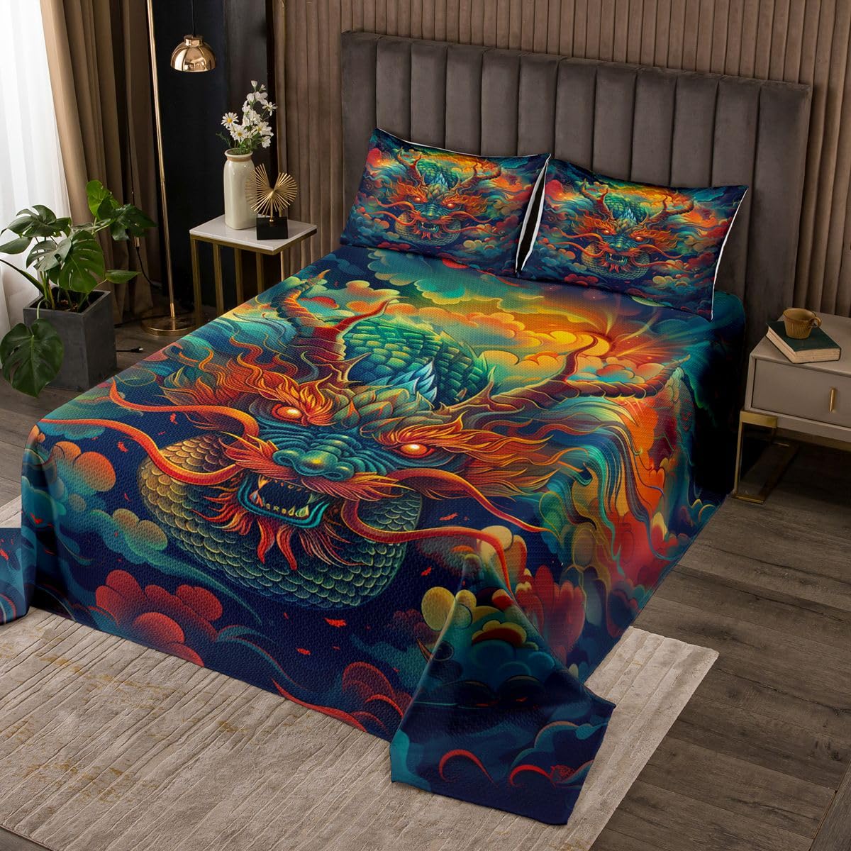 Chiński smok, narzuta 1 poszewka na poduszkę 80 x 80 cm, tajemnicza kołdra z motywem zwierzęcym, dla dzieci, nastolatków, orientalny smok, zestaw pościeli, rozmiar S