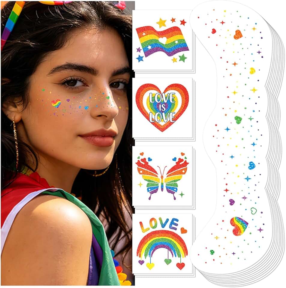 EMOME Pride Accessories, Pride Rainbow Freckles Face Tattoos with Body Glitter Temporary Tattoo Stickers, Pride Outfit Makeup Decorations for Women, Parade