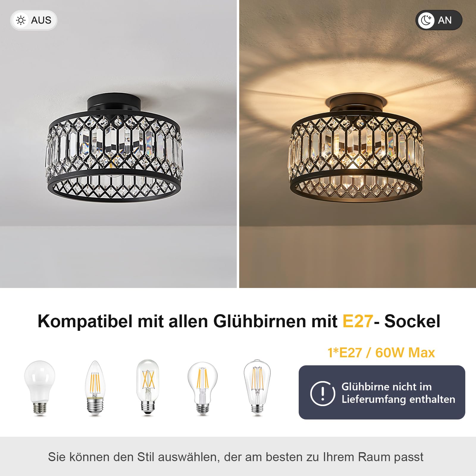 Moderna Luz De Techo De Cristal,Lámpara De Techo De Cristal Negro E27 Araña Redonda, Para La Entrada Del Pasillo Cocina Dormitorio Sala De Estar Iluminación Ø290mm 1-Light