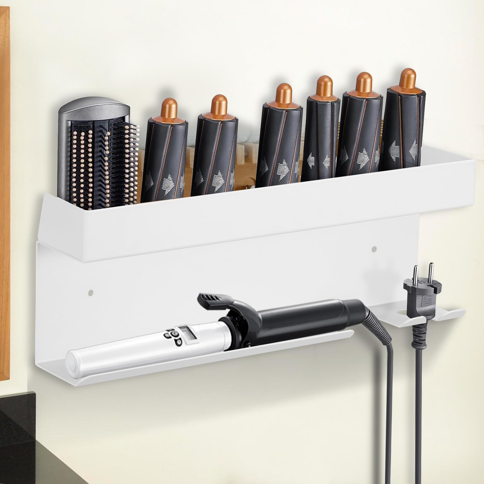 Wandhalterung Haartrockner Aluminium Weiß ohne Bohren Universeller Organizer für Föhn Glätteisen Lockenstab Hitzebeständiger Haartrocknerhalter für Bad Schlafzimmer