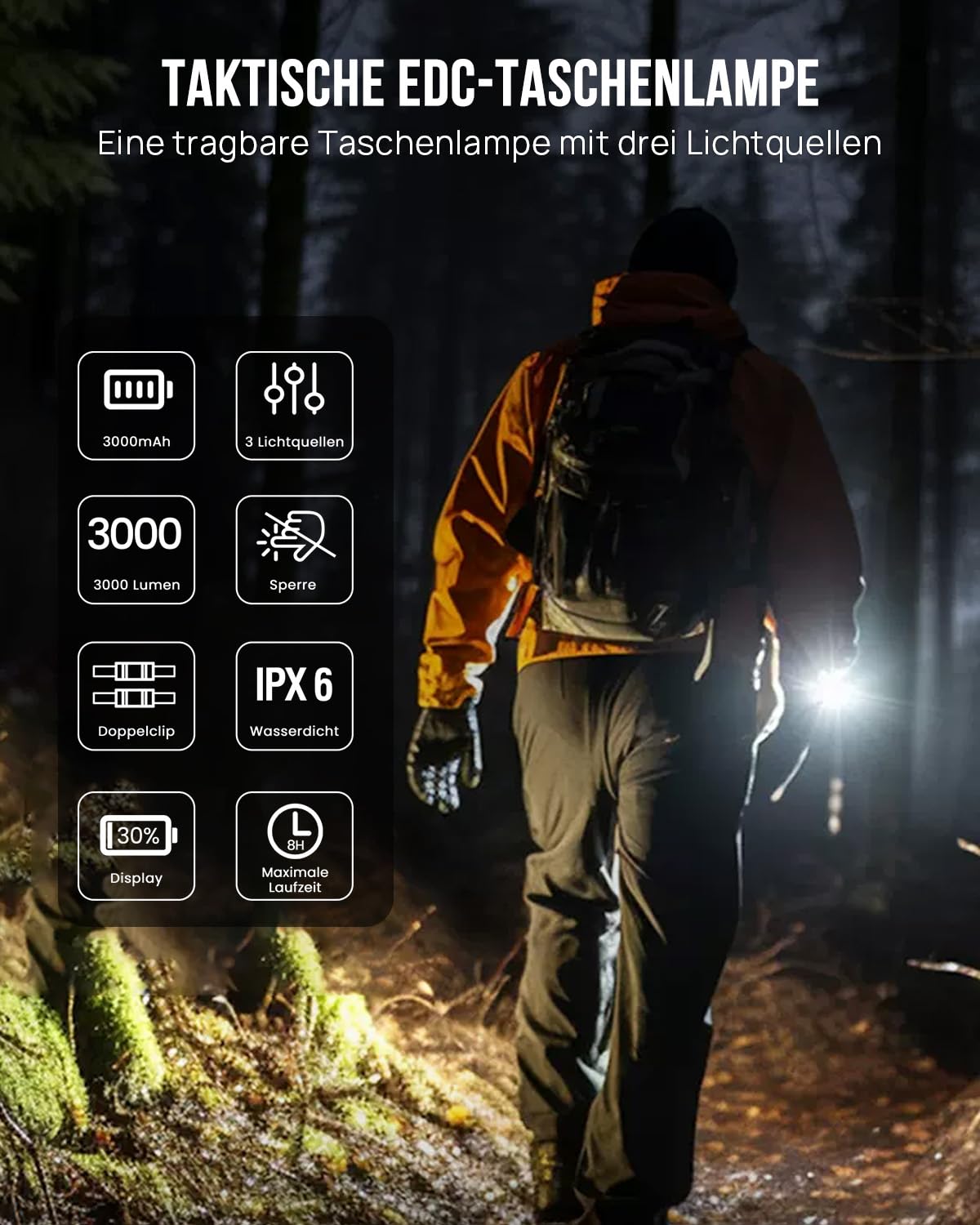 SCOUTLITE Vario MAX3000 LM Handtaschenlampe, wiederaufladbare LED-Taschenlampe mit weißem, rotem und bernsteinfarbenem Licht, wasserdicht IPX6, taktisch, flach für Camping, Outdoor und Notfallarbeiten