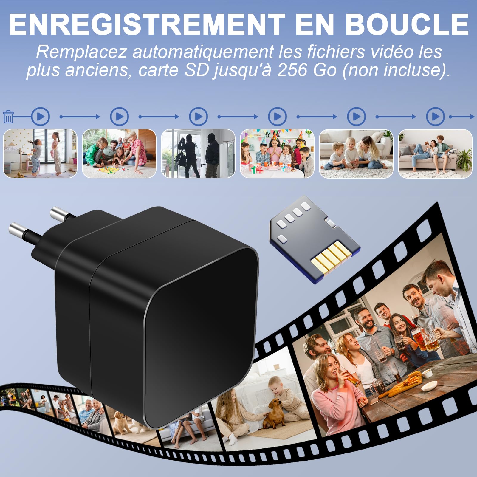 Caméra Espion WiFi 5G Cachée dans Chargeur USB Mini 1080P Détection Mouvement Enregistrement Boucle Visionnage à Distance Normes Européennes