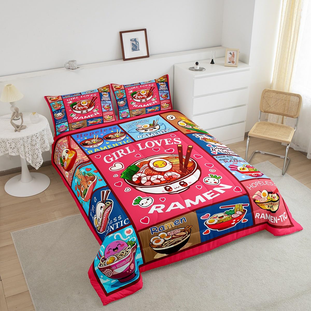 Loussiesd Ramen Bettdecke 135x200cm Kinder Jungen Mädchen Ramen Suppe Steppbett Ultra weiches Geschenk für Mädchen liebt Nudeln 4-Jahreszeiten Bettdecke Mädchen liebt Ramen Steppdecke Zimmer Dekor