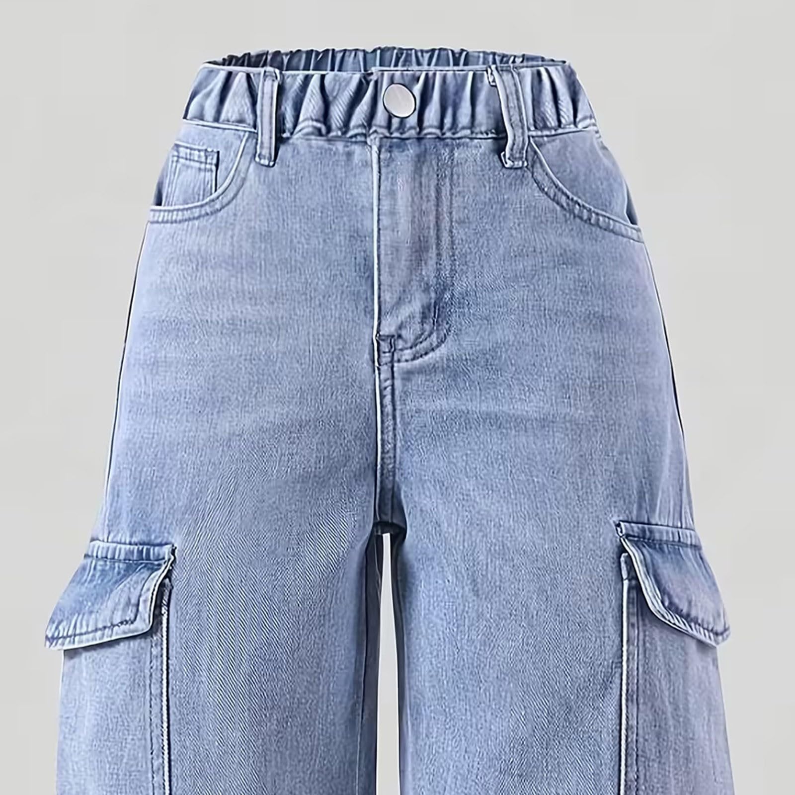 Jeans cargo para niñas, holgados, de pierna ancha, vintage, pantalones de mezclilla casuales para adolescentes, ropa de calle, pantalones elásticos de cintura alta y ajuste relajado