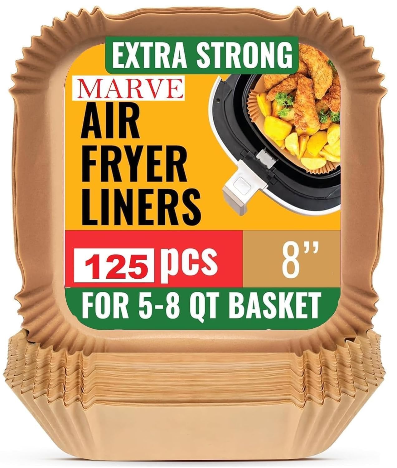Marve Air Fryer Paper Sheets, Disposable Paper Liner for Microwave, Oil-Proof Air Fryer Parchment Paper for Frying, Baking, Cooking, Roasting and Microwave (125 Pcs Square 8 INCH)