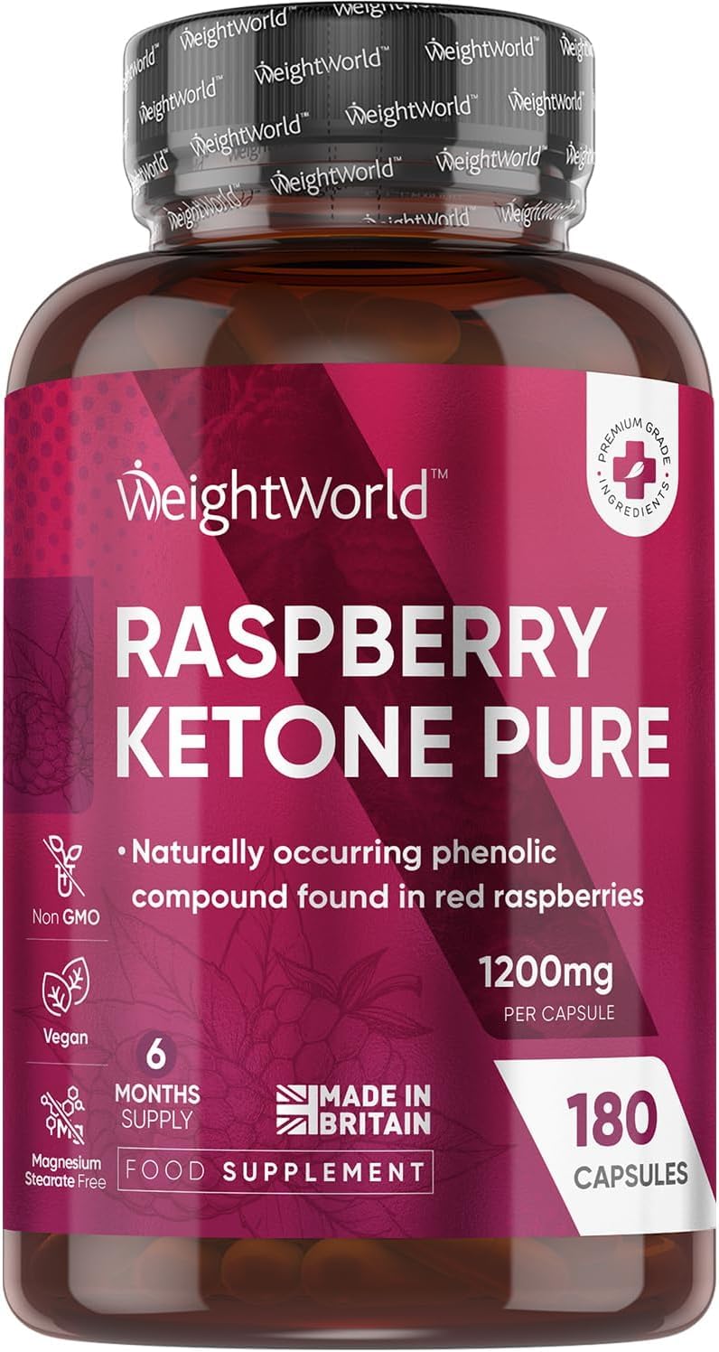 Pure Raspberry Ketones Capsules 1200mg - 180 Capsules - 6 Months Supply - 1 per Day - Rich in Phenolic Compounds - Vegan & Non-GMO Raspberry Ketone Supplements for Men & Women - Made in The UK