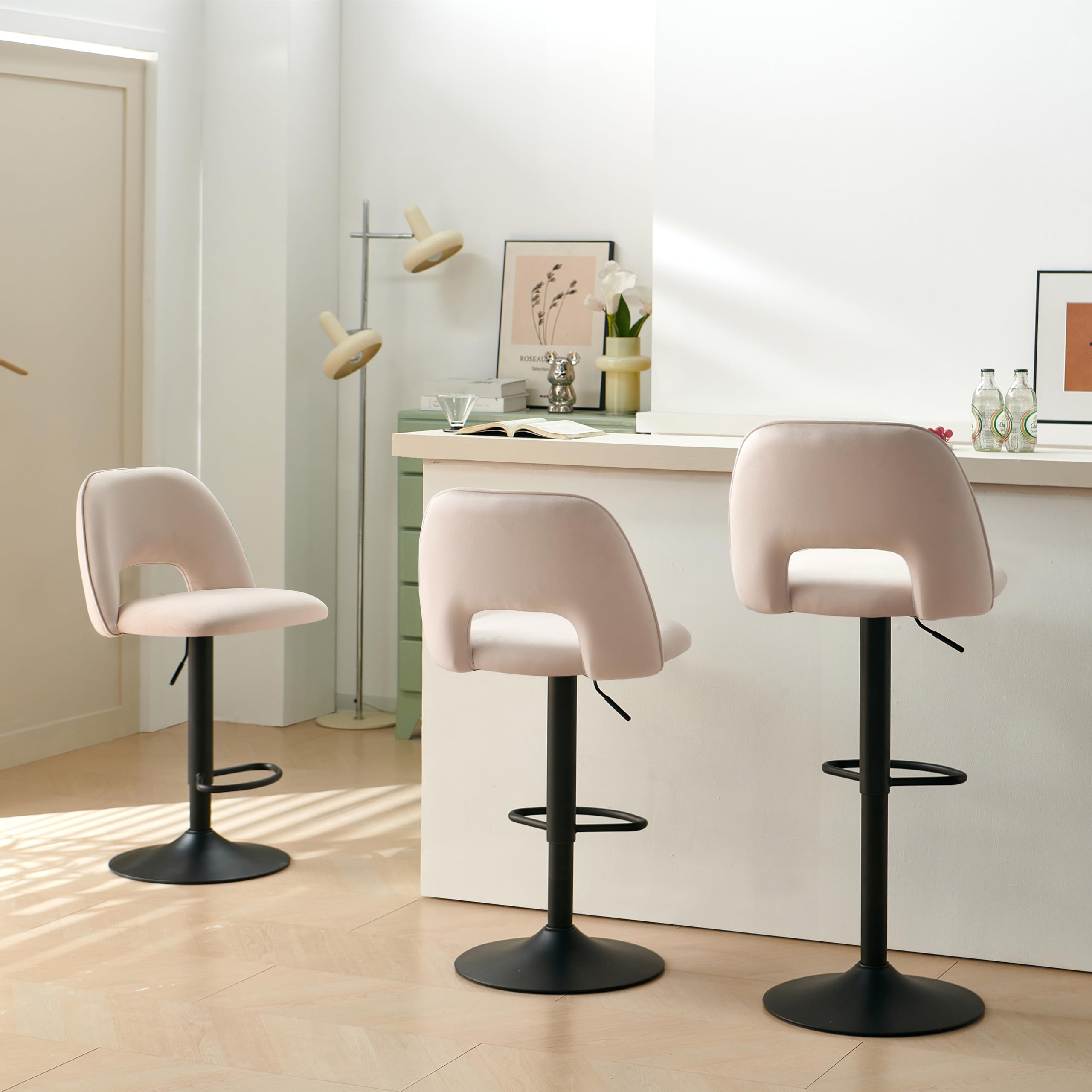 Weegstok Breakfast Bar Stools Set of 3, Modern Swivel Kitchen Stool, Adjustable Upholstered Barstools Counter Height with Square Open Back for Bar Kitchen Island, Dining Room (3, Champagne)