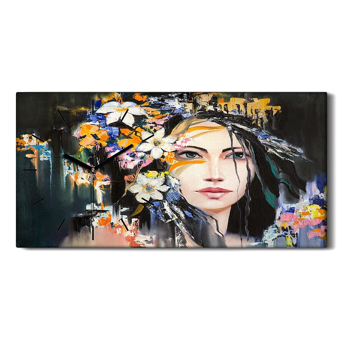 Horloge sur Toile 60x30cm Abstrait Femmes Fleurs Toile Silencieuse