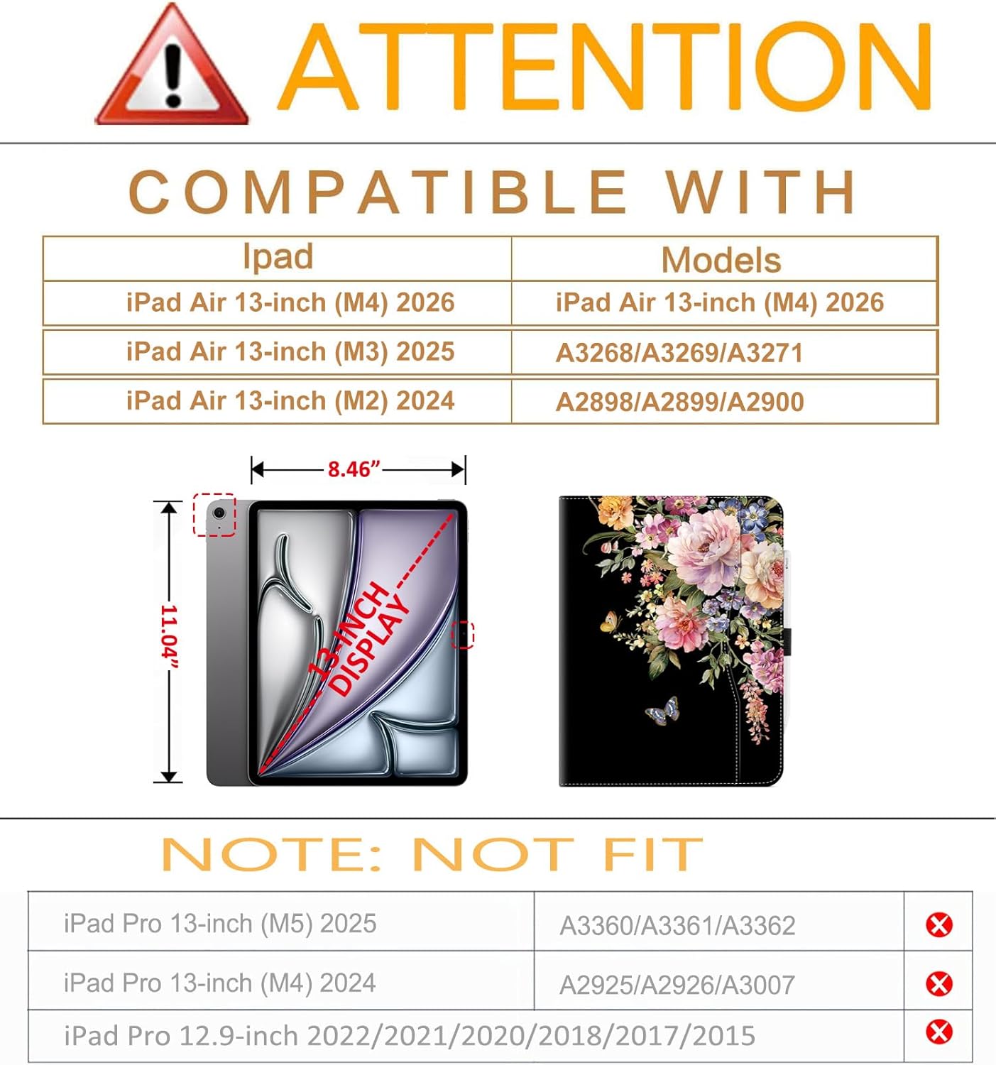 Vimorco for iPad Air 13 Inch Case M4/M3/M2 2026/2025/2024 Black Floral, for iPad Air 13 Case for Girls Women, Pencil Holder/Hand Strap/Pocket/Screen Protection Band, Flower Butterfly